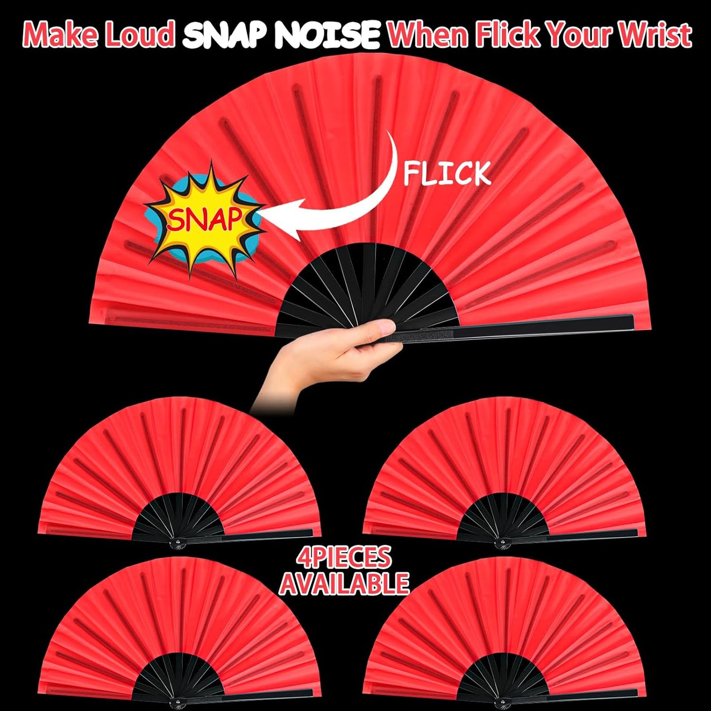 Blulu 4 Pcs 13 Inch Large Folding Hand Fans for Line Dancing Big Clapping Popping Raves Fans Bulk for Dancing Boots on The Ground Festival Party Decoration(Classic Style, Red)
