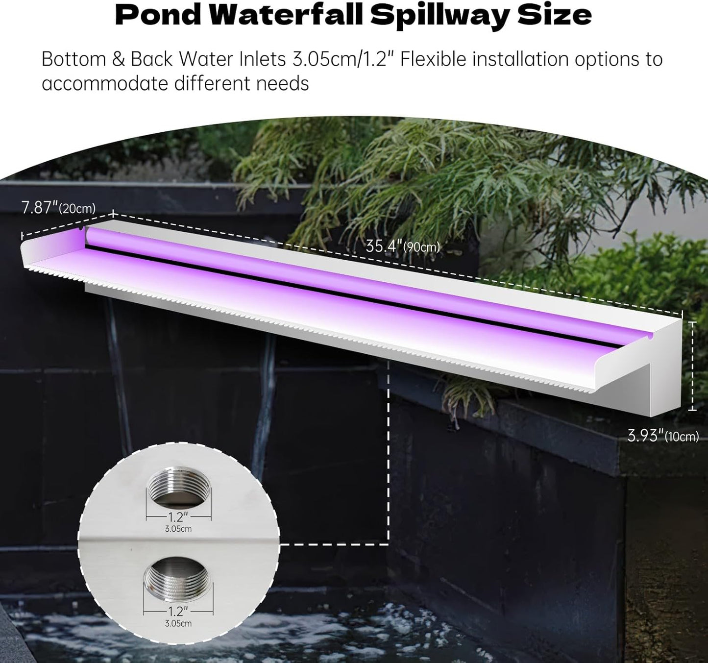 Waterfall Spillway Stainless Steel Pond Waterfalls with Color Changing LED Light, Outdoor Pool Fountain Water Feature Kit for Garden Patio Swimming Pool Koi Ponds Decor-36"x8"x4"