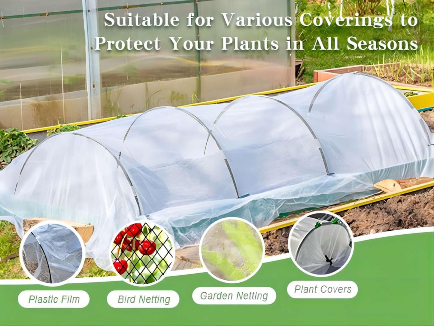 Greenhouse Hoops Grow Tunnel 30 Pcs 16 Inch Up to 6 Sets of 7ft Long Plastic-Coated Rust-Proof Fiberglass Garden Hoops for Raised Beds with 25 Pcs Metal Connect Pipes and 20 Clamps
