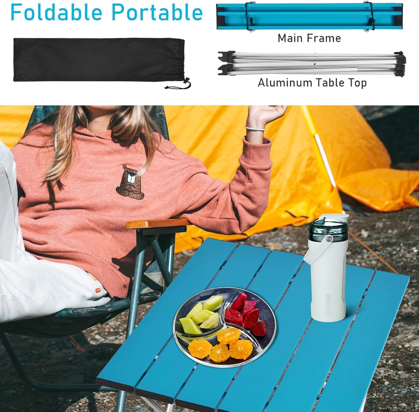 Tesouro Portable Camping Table,Folding Side Table Aluminum Top for Outdoor Cooking, Hiking, Travel, Picnic (Blue-Large)
