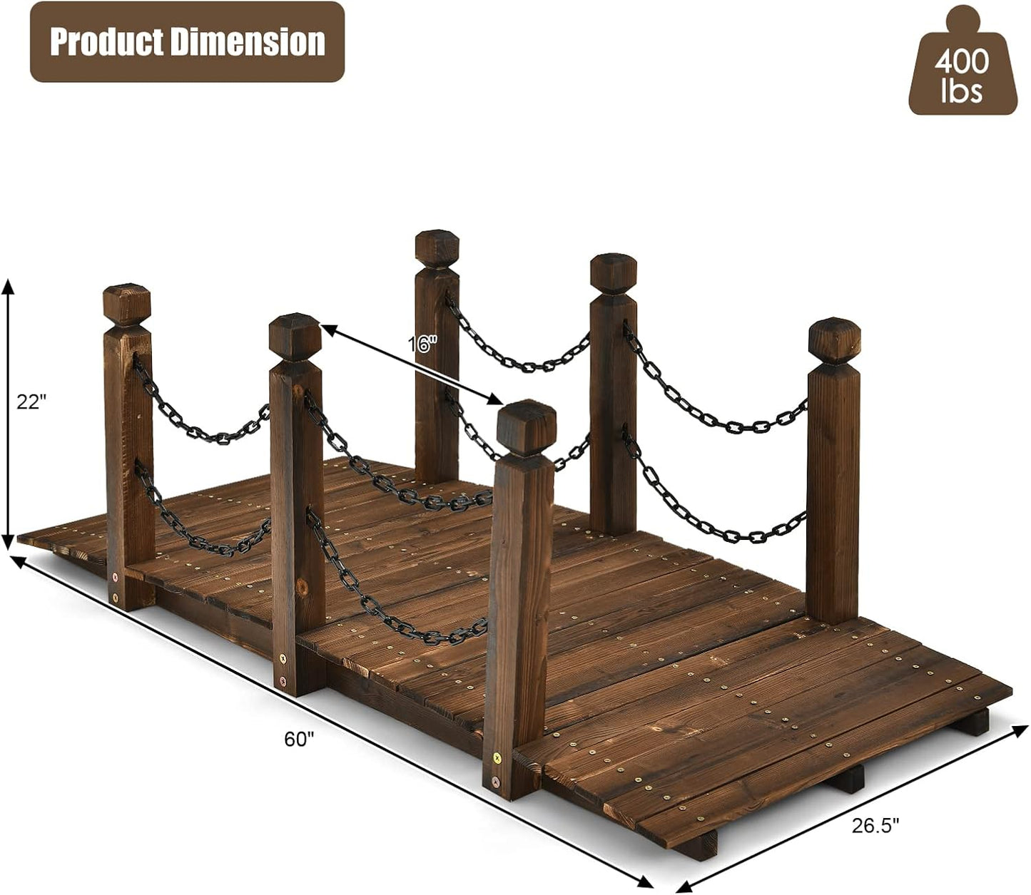 Tangkula 5 FT Wooden Garden Bridge, Arc Footbridge w/Safe Chain Railings, Outside Small Arc Pond Bridge, Decorative Fir Bridge for Landscaping Garden, Pond, Stream, Courtyard, Holds up to 400 LBS