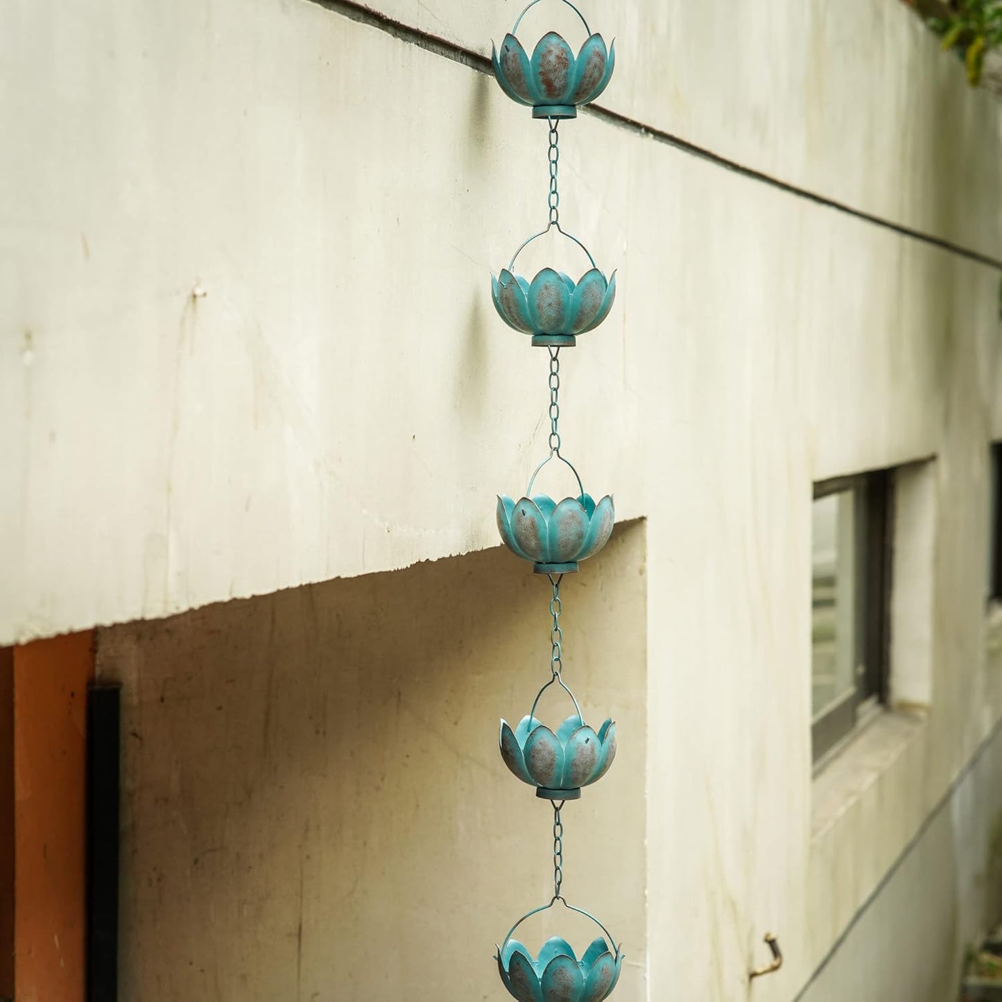 Topadorn 8.5 FT Rain Chain Iron Gutter Chains with 12 Rain Collector Thick Iron Flower Cups Garden Decoration,Lake Blue