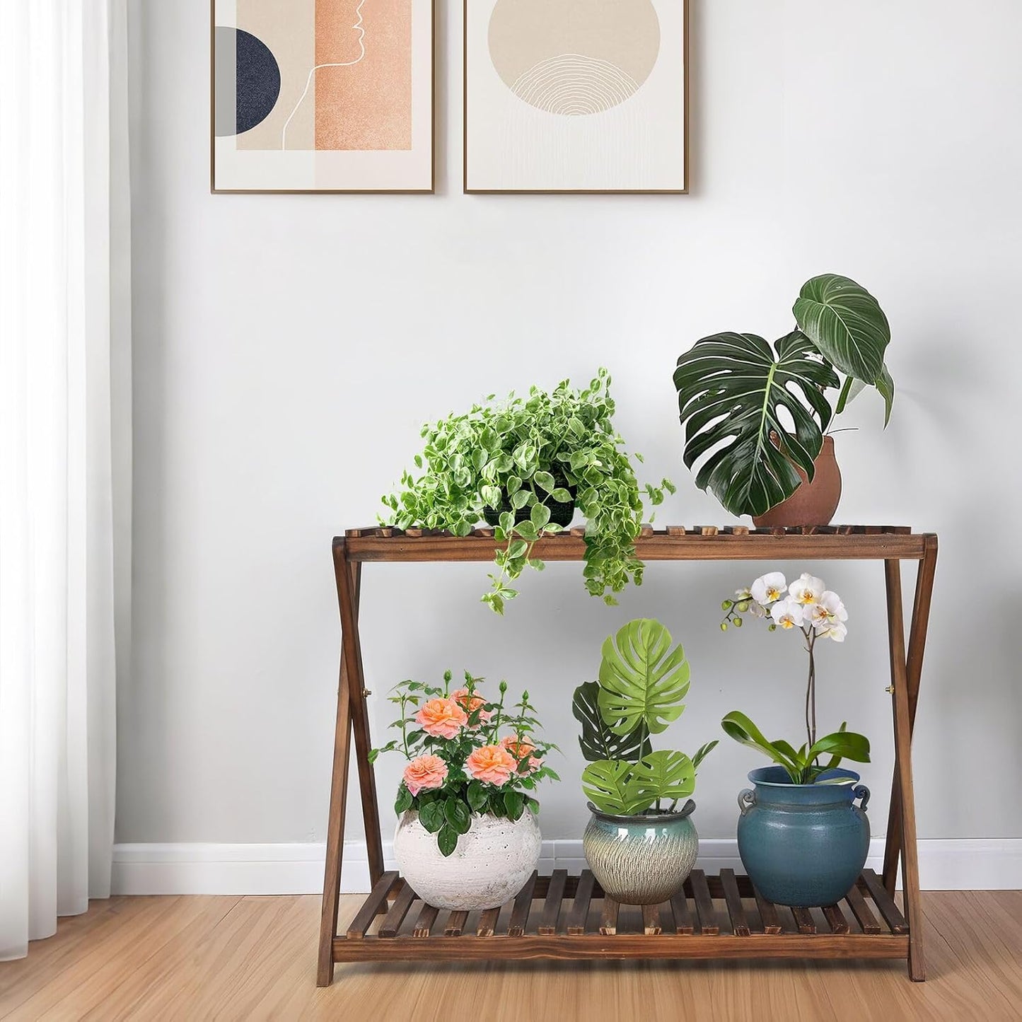 Wooden Plant Stand Indoor 2 Tier Narrow Plant Stand Outdoor Plant Shelf Display Rack Corner Flower Rack Stand for Living Room Garden Patio Balcony (X-Cross Design)