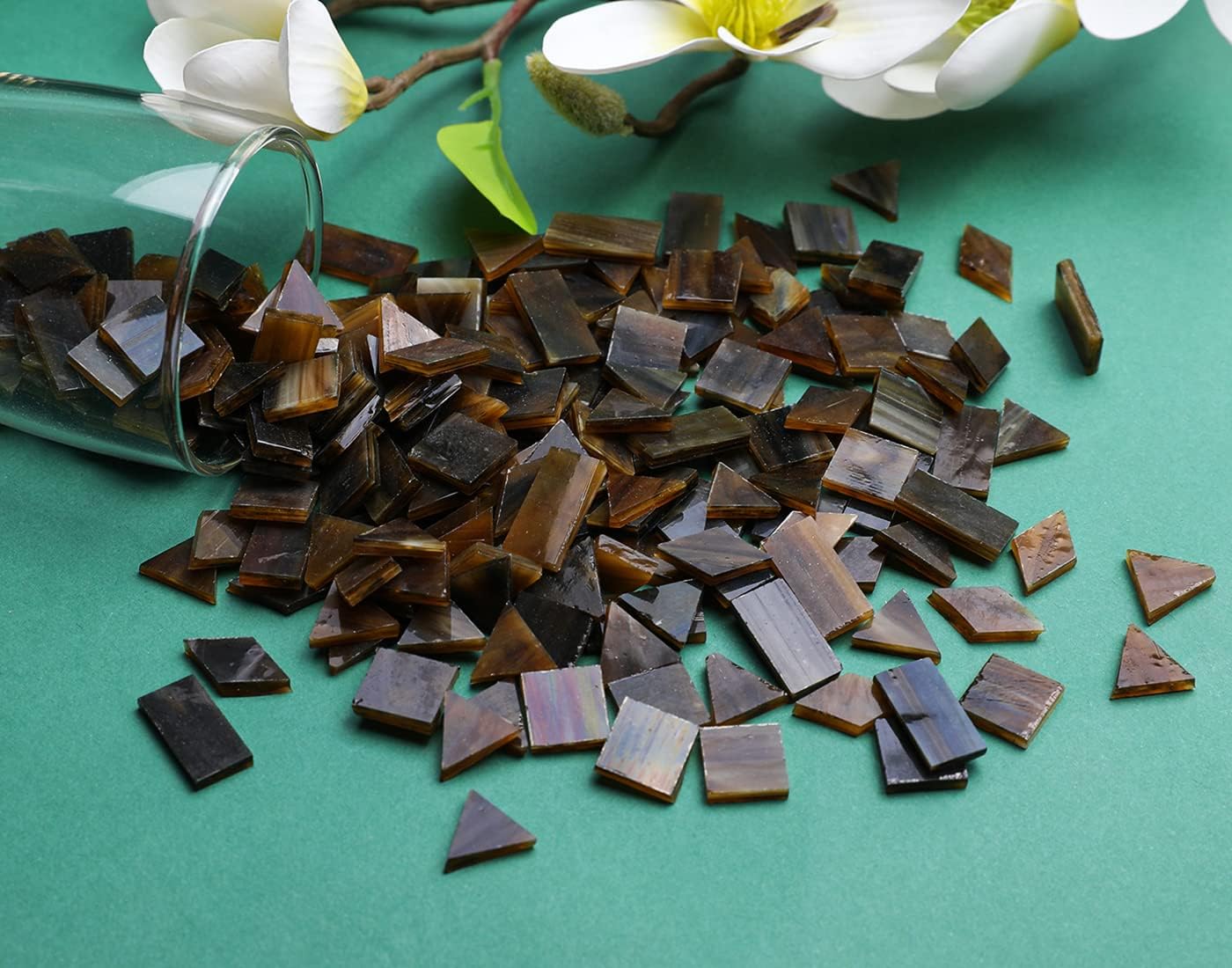 Lanyani Glass Mosaic Tiles for Art Crafts, 4 Shapes Mixed Tiffany Stained Glass Pieces, 200 Pieces, Square/Rectangle/Diamond/Triangle,Coffee