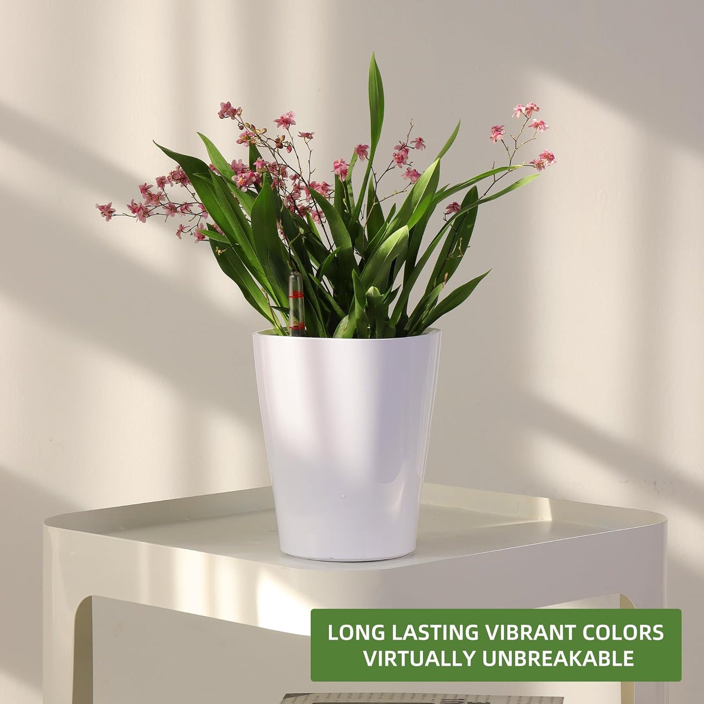 Dexceder 6x7 Self Watering Planter Indoor Outdoor, High Gloss Table Flower Plant Pot with Water Level Indicator (White)