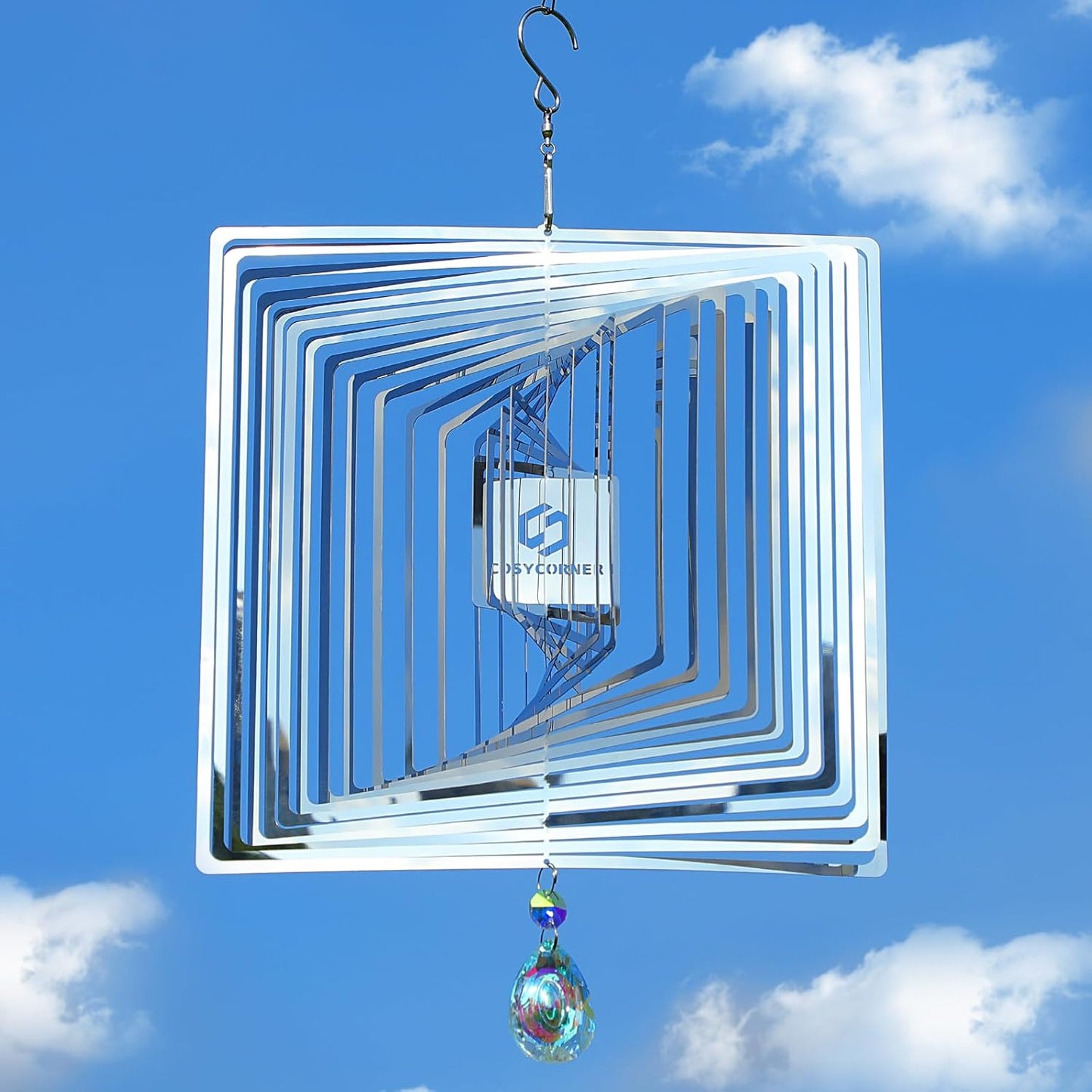 Wind Spinners Outdoor – Colorful Garden Wind Spinners & Yard Decorations, Outside Wind Chimes for Garden Decor, Birthday Gifts for Women (Square-Silver, 11.9 inch)