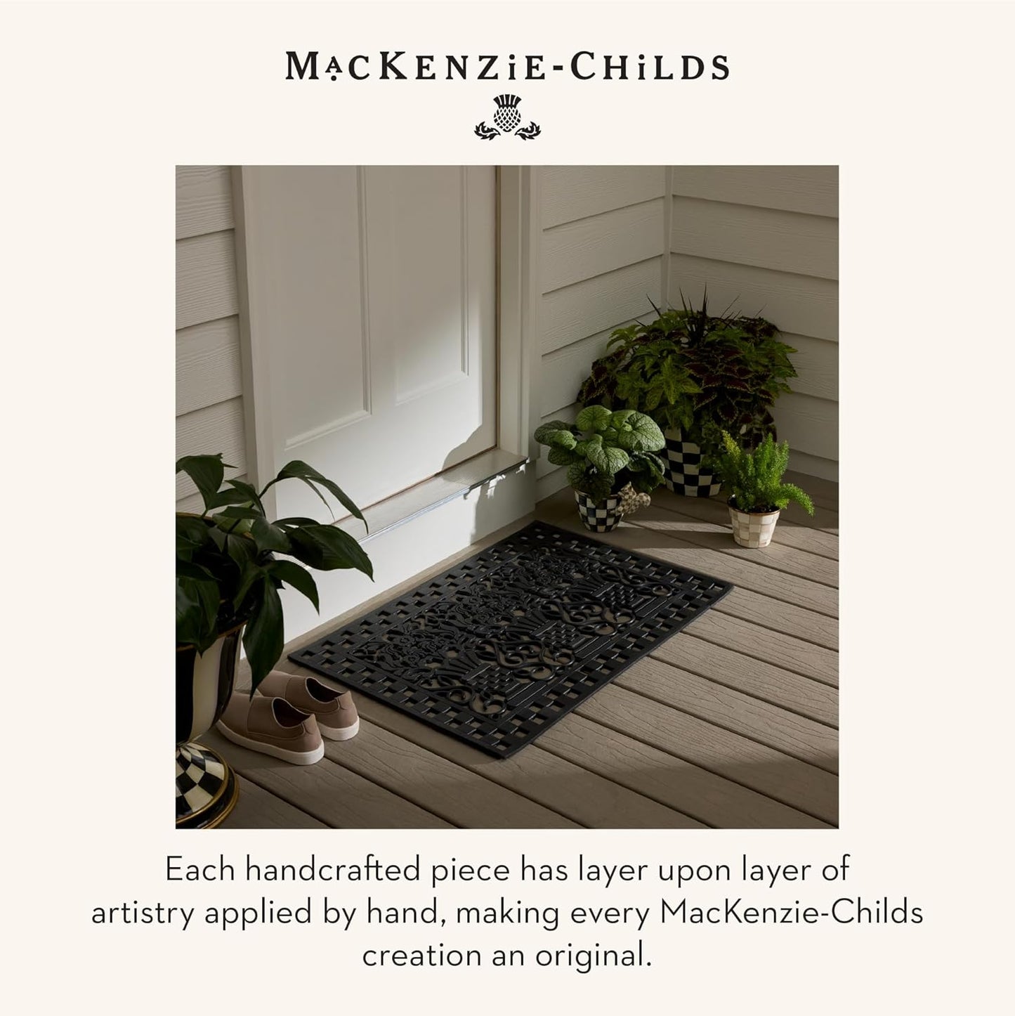 MACKENZIE-CHILDS Pot Climber, Outdoor Planter Hanging Decor, Brown-and-White Mocha Check Squirrel