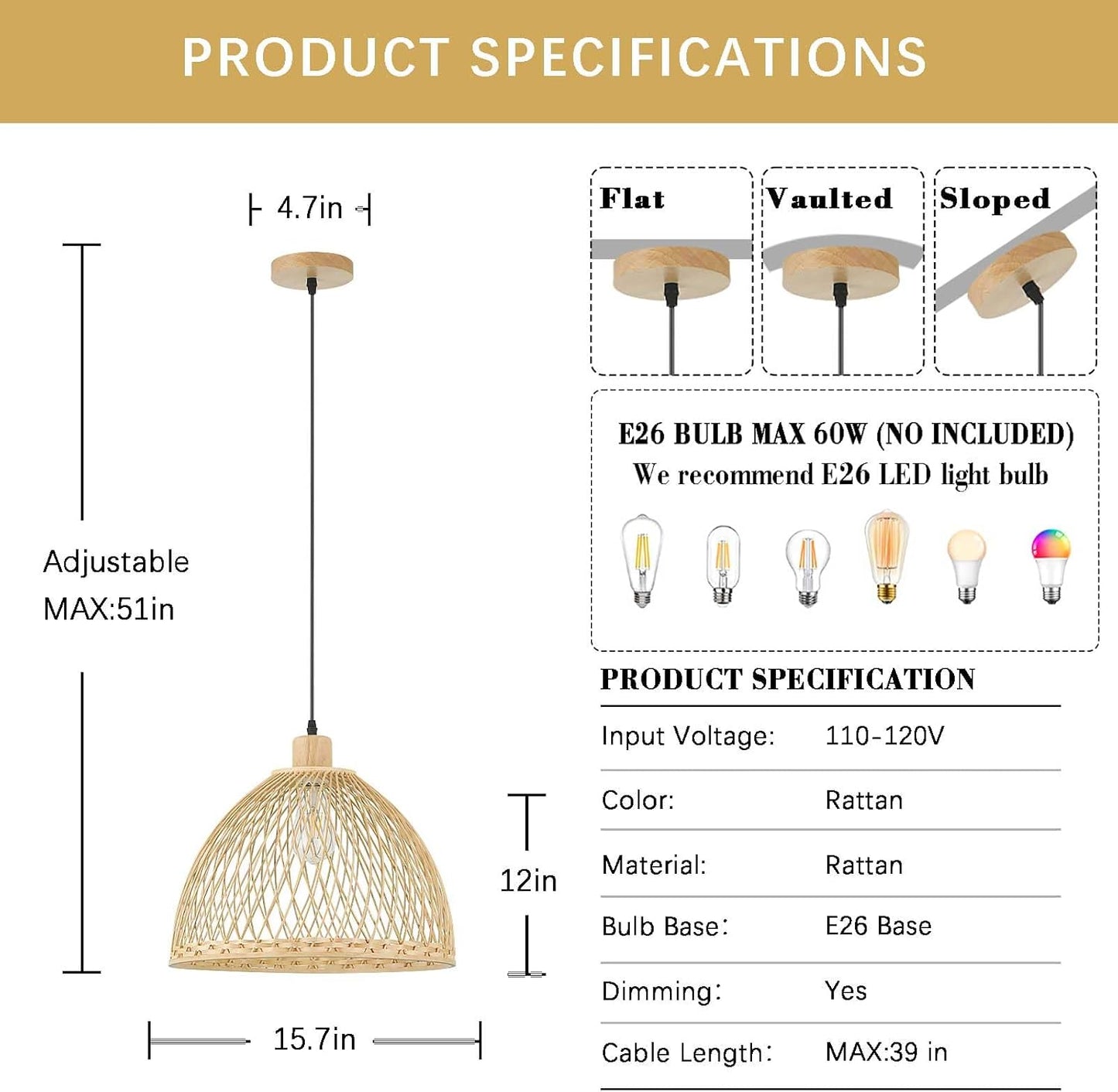 Hand-Woven Rattan Pendant Light, 16 Inch Boho Wicker Lights Fixture Wite Adjustable Cable, Coastal Hanging Lighting for Kitchen Island Dining Room Living Room Entrance Foyer