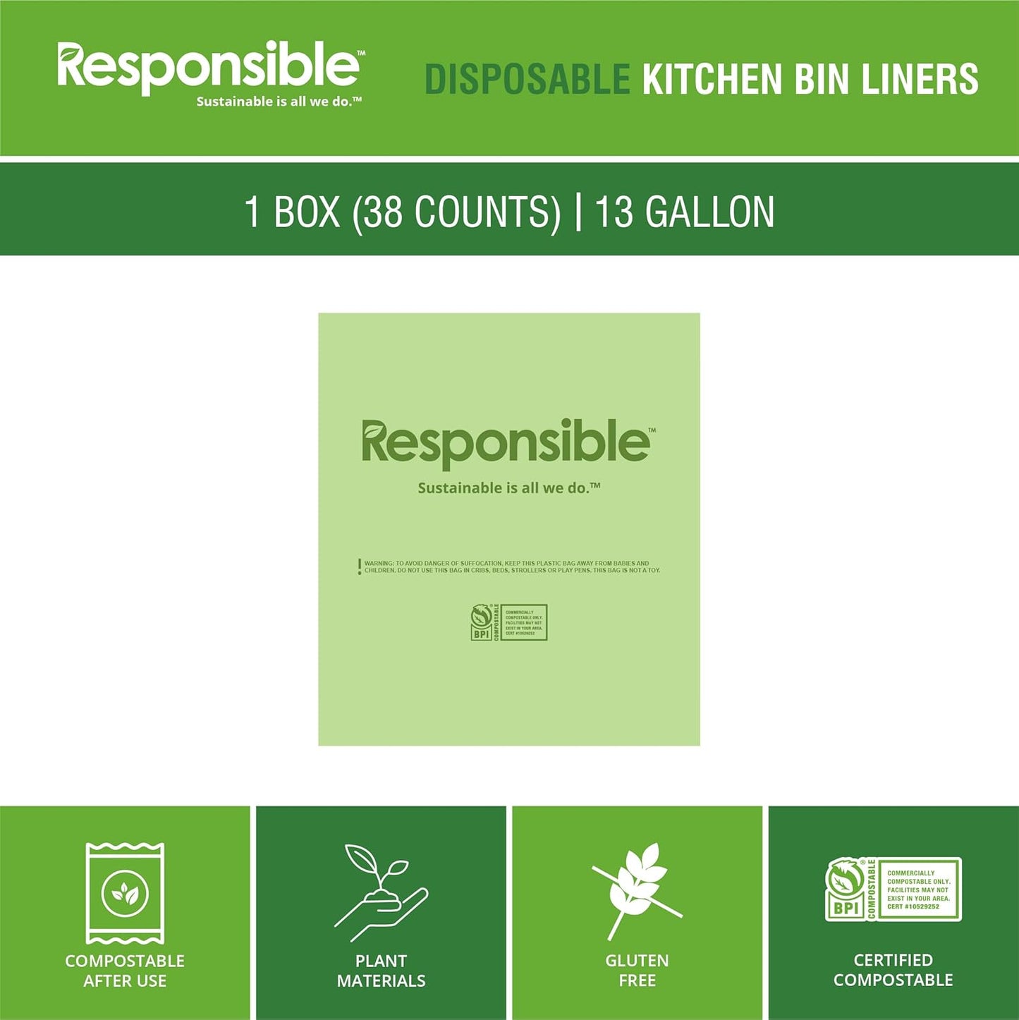 Kitchen Bin Liners, Certified Compostable, Heavy Duty Multipurpose Food Scrap Bags, Made from Compostable Materials (13 Gallon, 13 Gallon (38 Count))