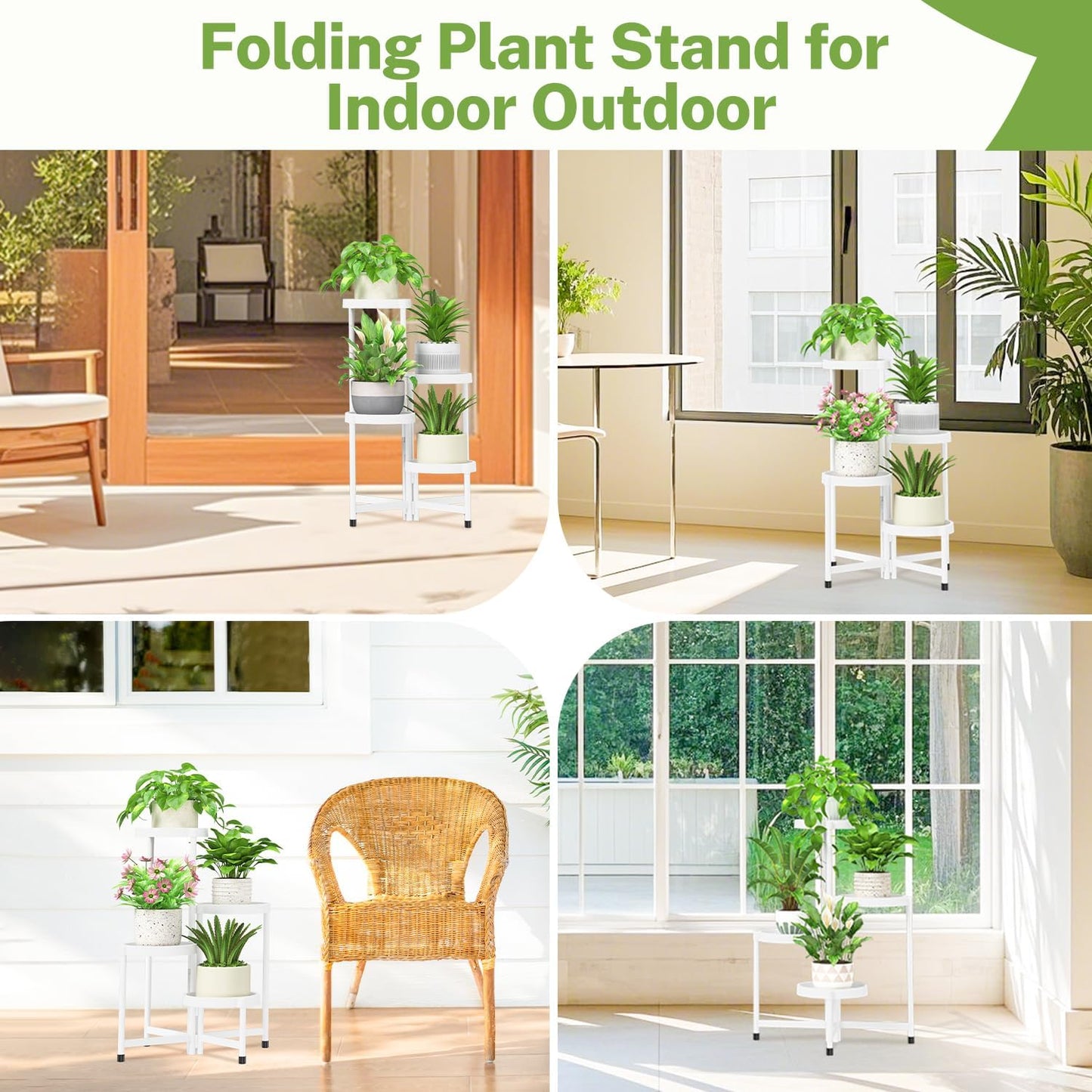 iDavosic.ly 4 Tier Folding Plant Stand Indoor Outdoor with Plastic Tray, Tiered Corner Flower Holder Shelf, Metal Orchid Display Rack for Patio Porch Living Room Garden Balcony, White