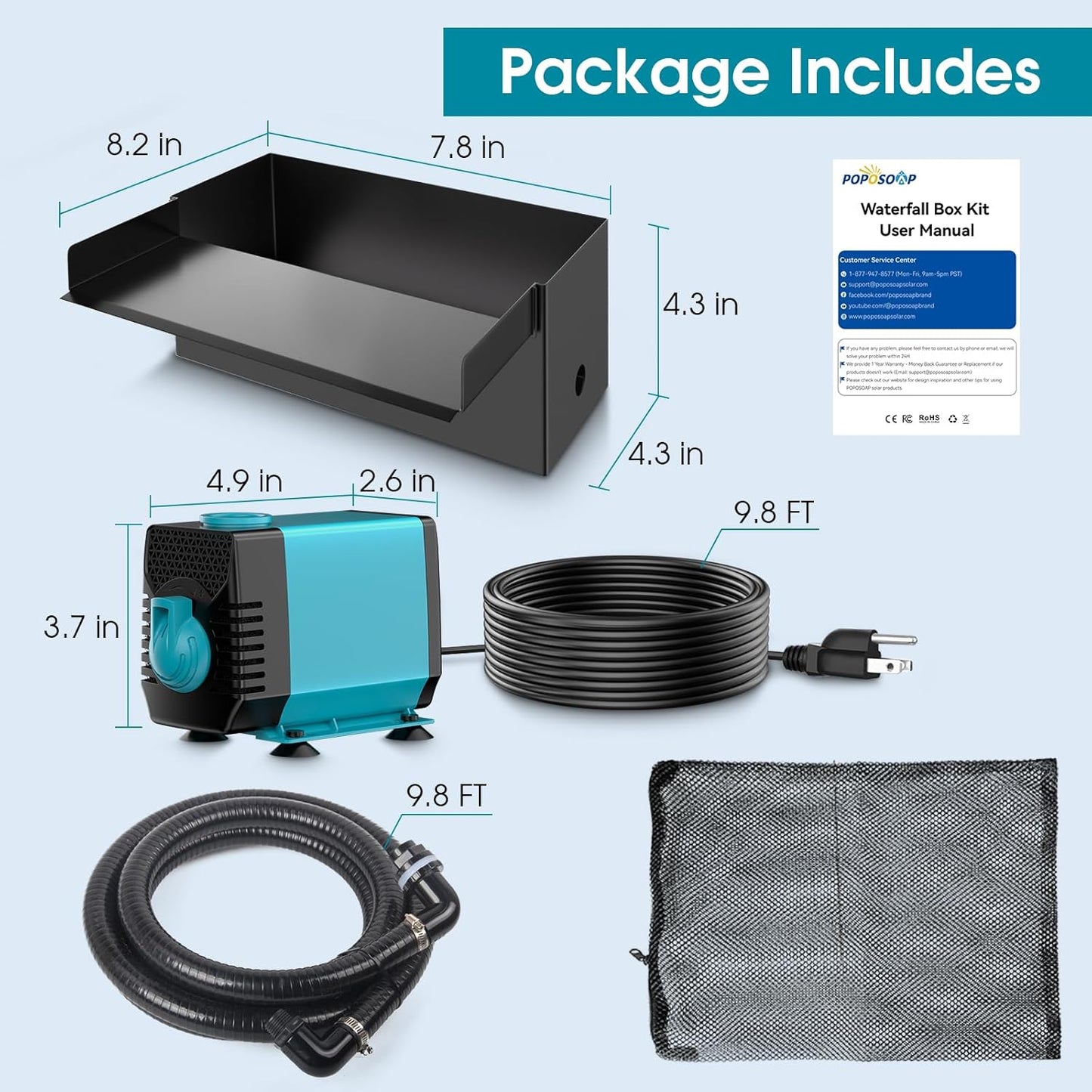 POPOSOAP Pond Waterfall Spillway with Pump Kit, 304 Stainless Steel Pond Waterfall, Pond Spillway with 9.8FT Corrugated Tubing for Garden,Water Features (8“)-P42