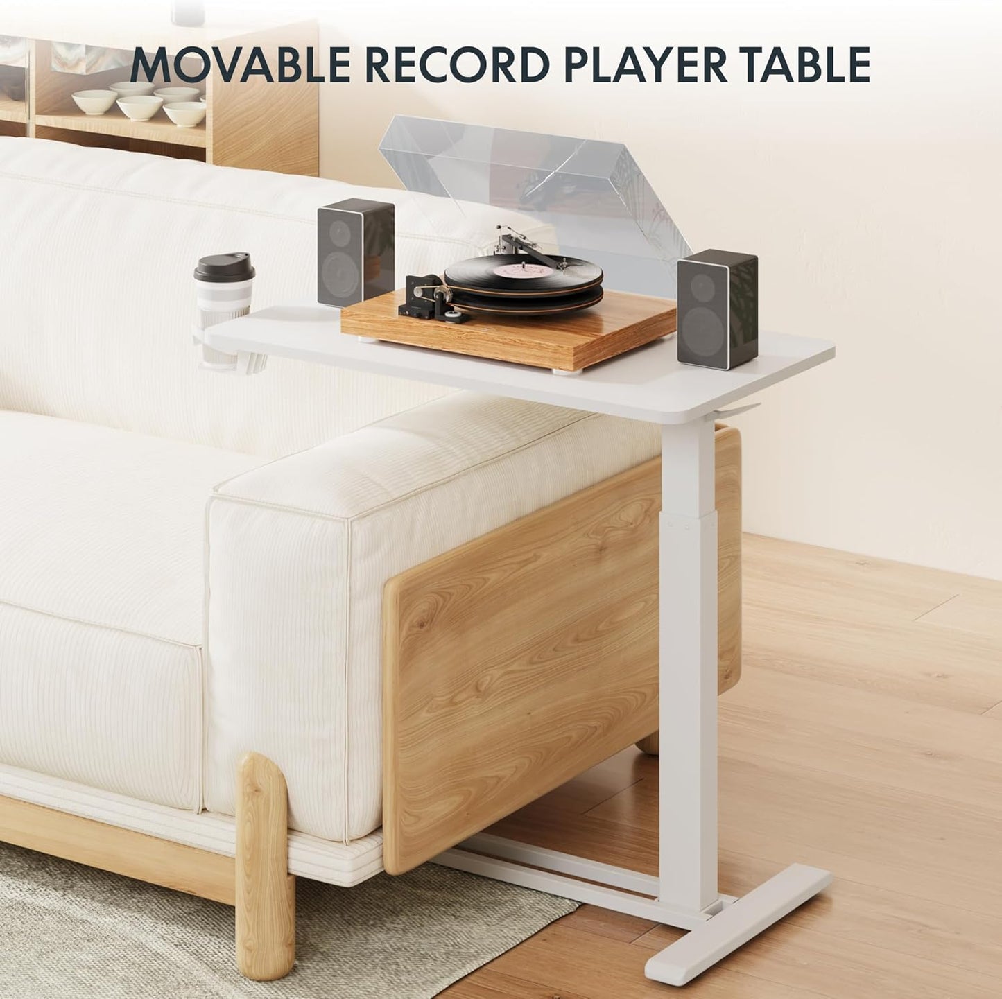 FLEXISPOT Adjustable C Table with Wheels, Mobile Snack Side End Table Sofa Couch Bedside Table Laptop Rolling Cart TV Tray Night Stand Small Space Side Table,(31.5" W x 17.7" D,White)