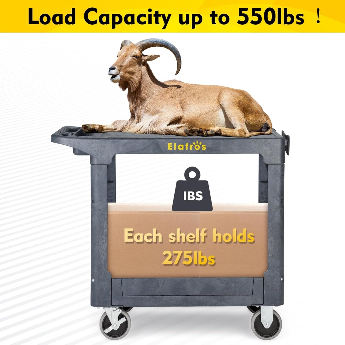 ELAFROS Heavy Duty Plastic Utility Cart Flat top 37 x 18.8 Inch - Work Cart Flat Shelves and 2 Swivel 2 Fixed Wheels Safely Holds up to 550 lbs - 2 Tier Service Cart Mail cart, Gray