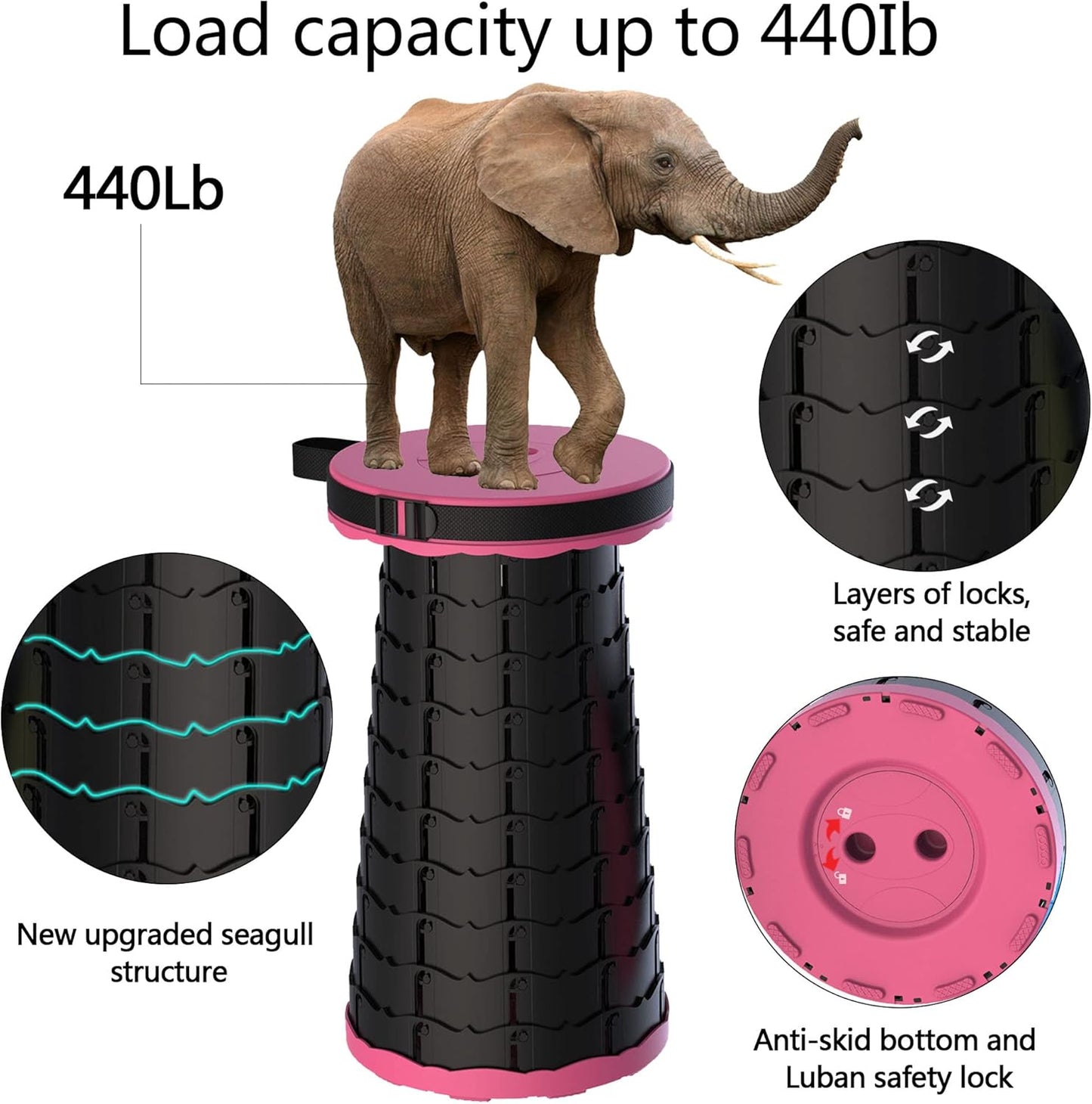 ALEVMOOM Upgraded Folding Stool with Cushion,Portable Collapsible Retractable Stool,Outdoor Chair,Yet More Sturdy Load Capacity 440lbs for Camping Garden Fishing Hiking BBQ with Carry Bag