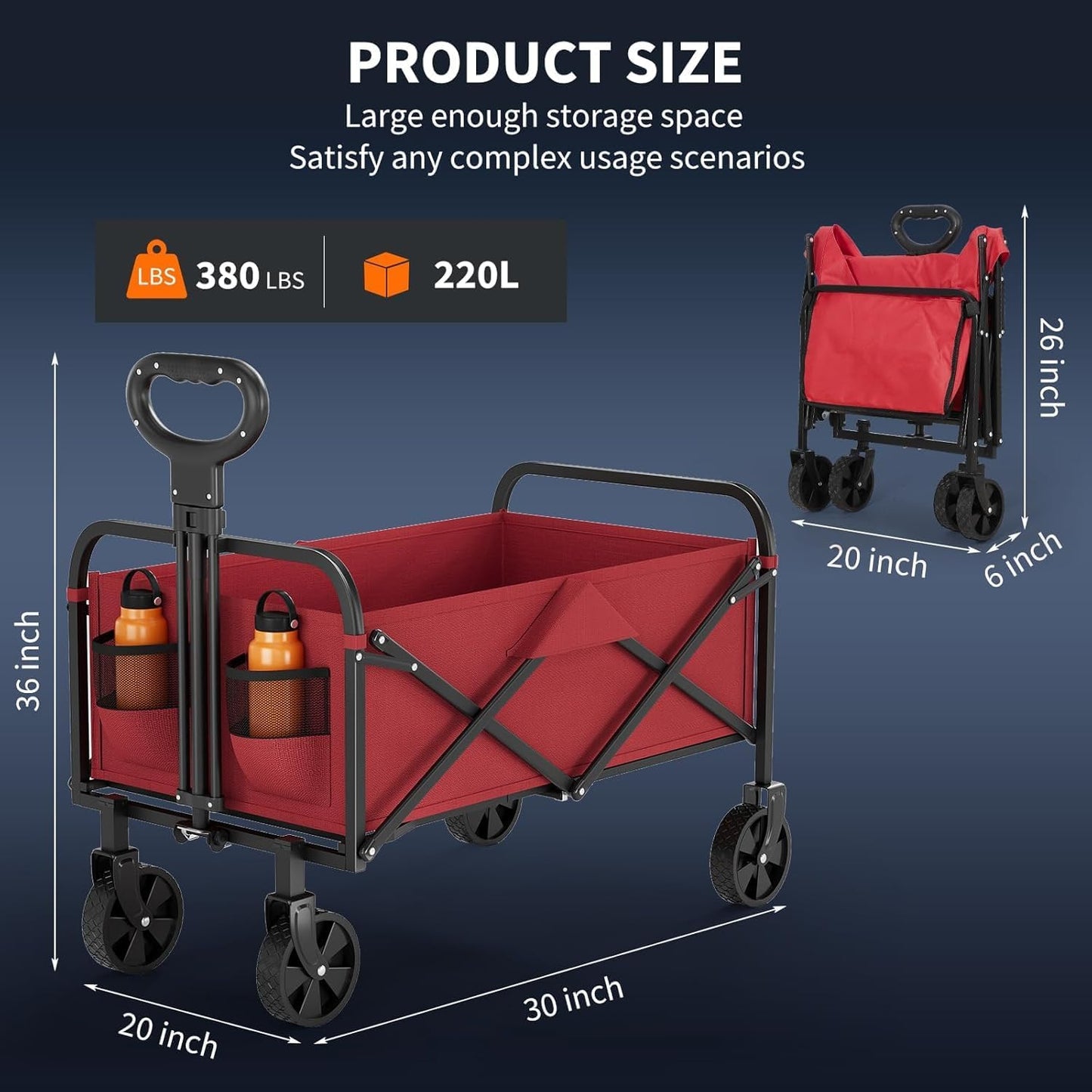 Foldable Wagon Cart, 380LBS Capacity Collapsible Wagon with All-Terrain Wheels, 220L Foldable Utility Cart & Grocery Cart on Wheels, Portable Lightweight 12LBS for Outdoor, Beach, Garden (Red)