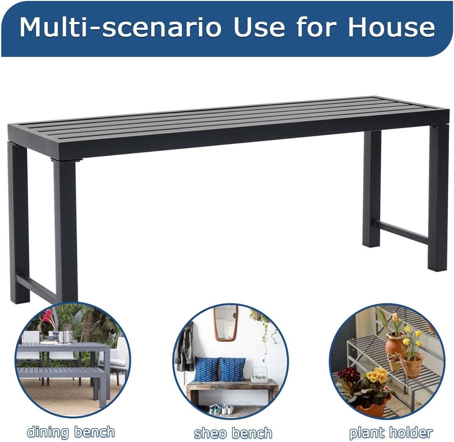 46" Outdoor Metal Backless Bench, All-Weather Patio Garden Bench for Backyard, Porch, or Lawn, Durable Steel Bench for Outdoor Spaces, Black