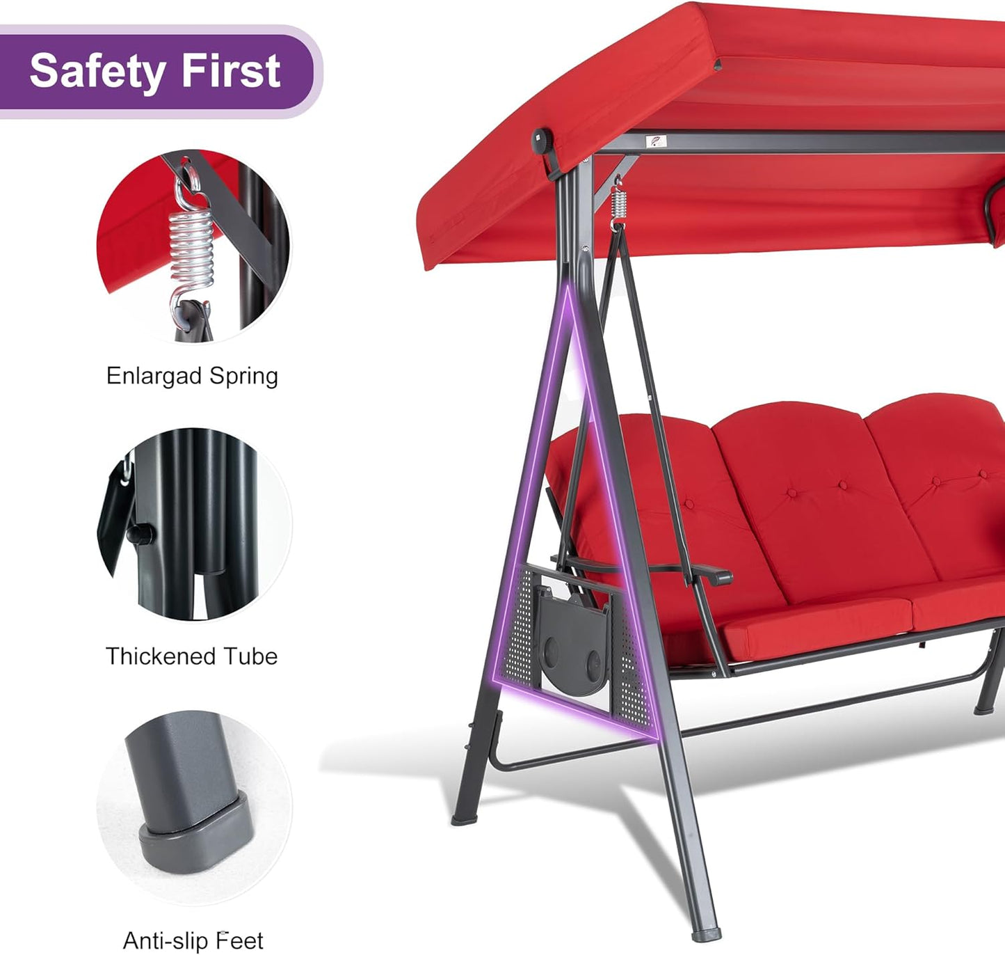 PURPLE LEAF Outdoor Patio Porch Swing with Stand, 2-seat Swing Chair with Adjustable Tilt Canopy All-Weather Steel Frame for Backyard Front Porch Lawn, Cushions and Pillow Included, Terra