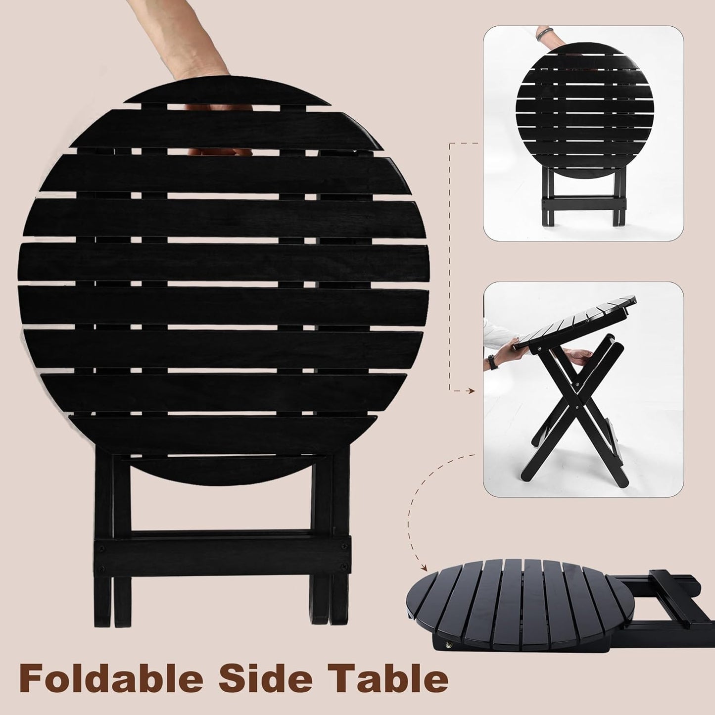 Outdoor Patio Side Table Set of 2 Small Folding Wood Round End Table Coffee Furniture for Living Room, Bedroom, Plant Stand, Camping Portable Black