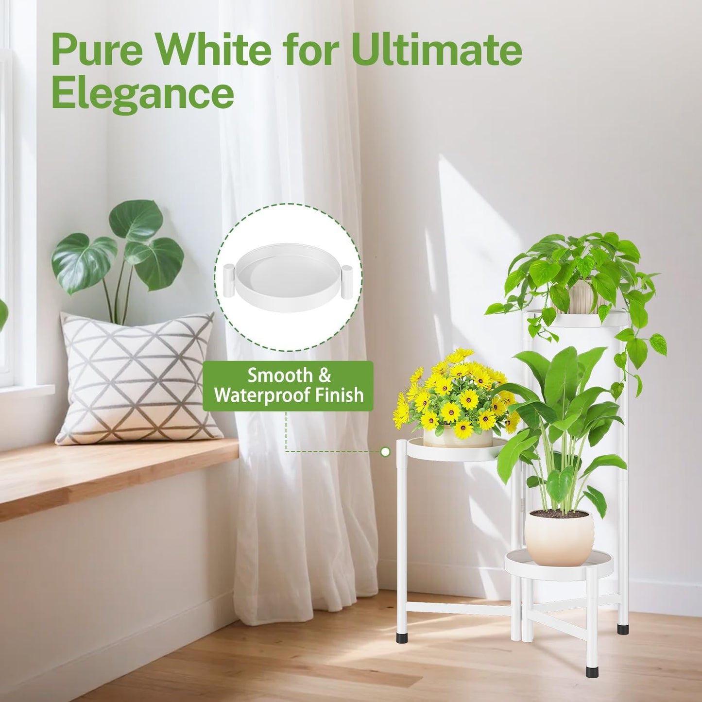 iDavosic.ly Plant Stand Indoor Outdoor, 3 Tier Corner Metal Flower Display Holder Shelf, Folding Tall Orchid Rack for Patio Balcony Porch Garden Living Room House, White