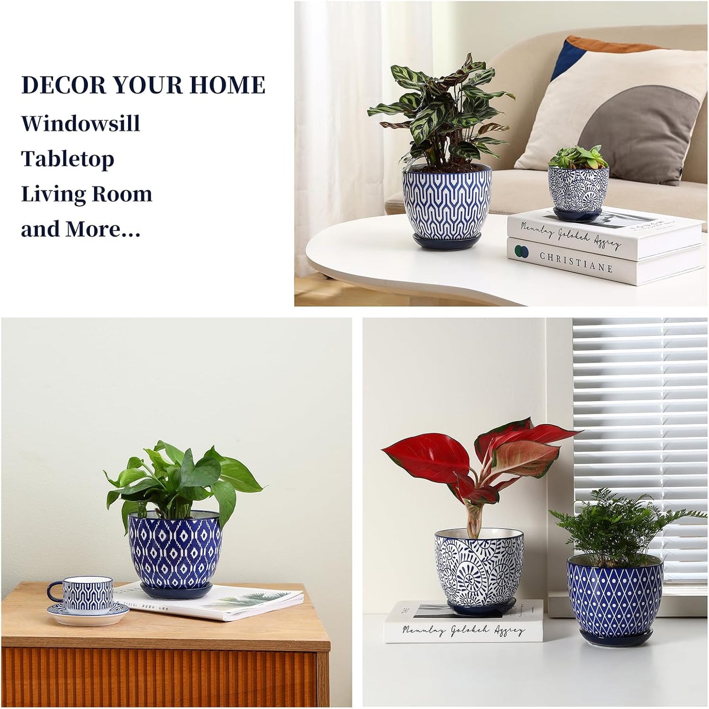 Selamica Ceramic Plant Pots, 5.6 Inch Flower Pots for Indoor Plants with Drainage Hole and Saucer,Home Decor, Set of 4, Vintage Blue