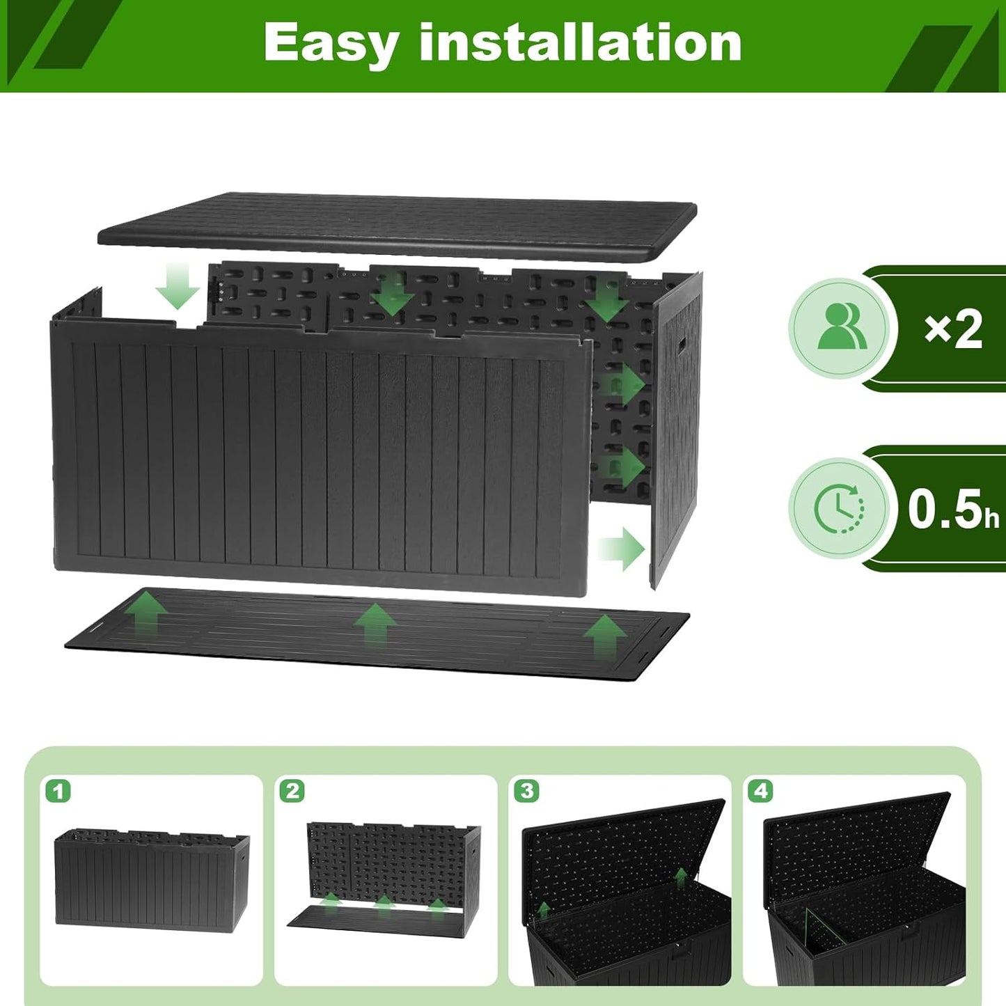 260 Gallon Outdoor Storage Box Waterproof, Extra Large Plastic Outside Deck Box Weatherproof, Resin Patio Storage Bin with Lock and Lids for Pool Equipment, Cushion, Black