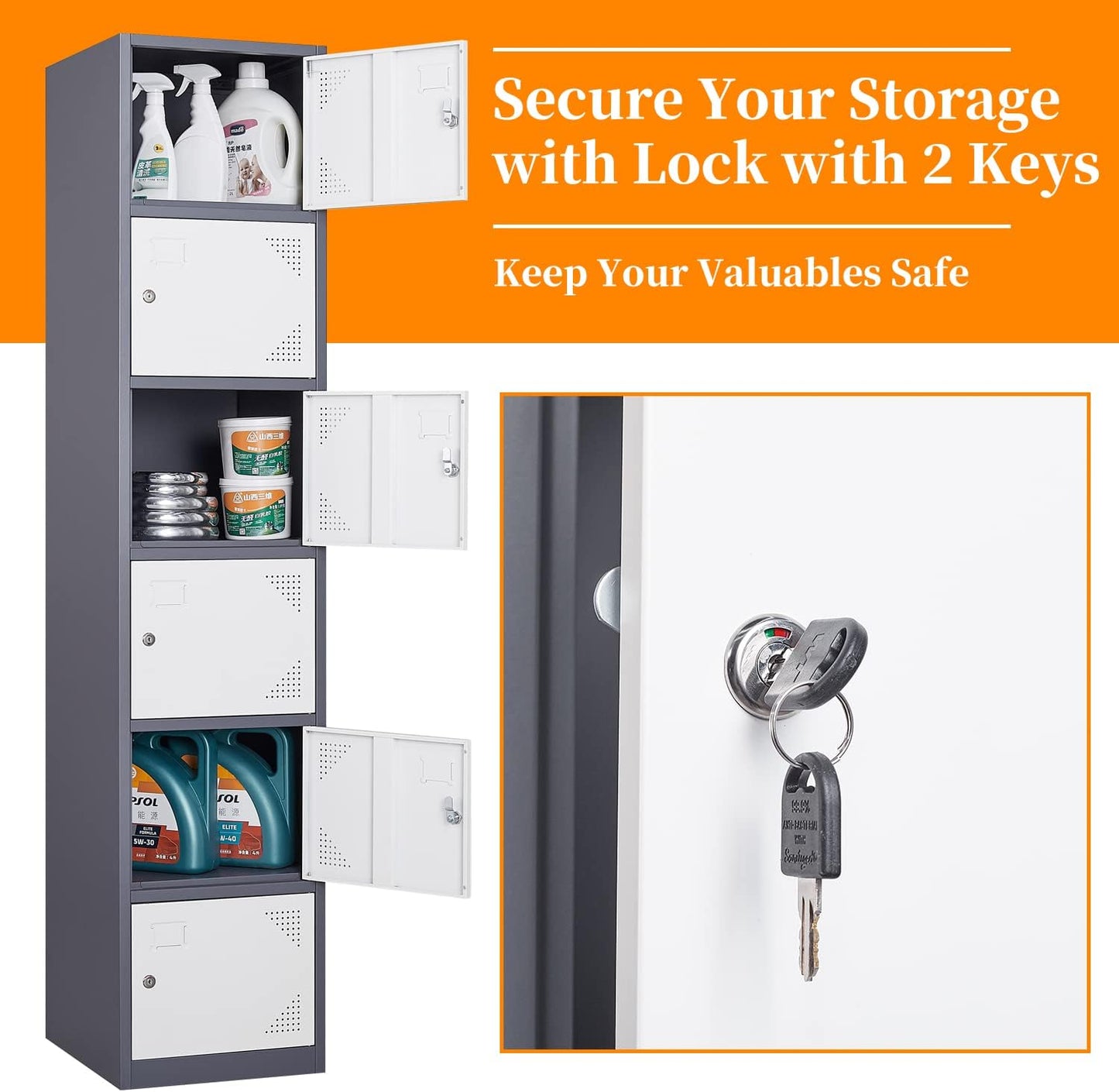 Metal Locker with 6 Doors, 71" Lockers for Employees Steel Storage Locker, Lockable Locker Cabinet for School, Gym, Home Office and Garage(Grey White)