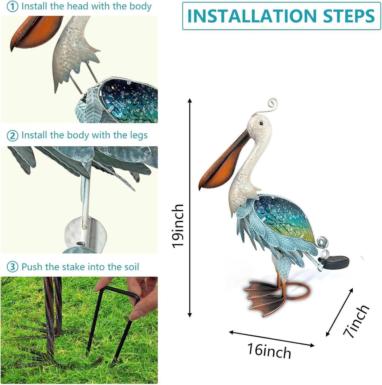 HONGLAND Solar Metal Pelican Statues Garden Sculpture & Statues, 19 Inch Glass Outdoor Pelican Yard Art Coastal Ocean Bird Decor Lawn Ornament for Backyard Porch Patio Decor(Blue-Green)