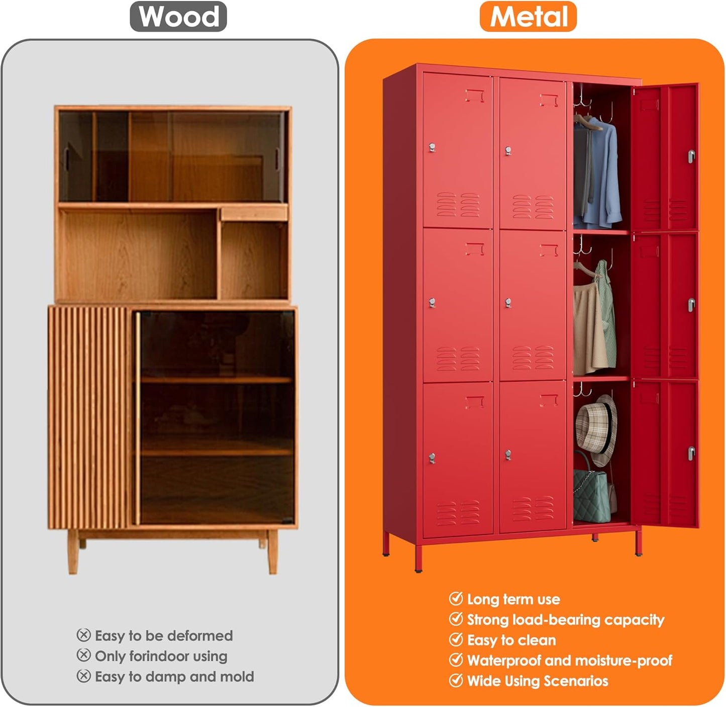 9 Doors Metal Lockers for Employees with 27 Hooks, Storage Locker with Business Card Holder for Office Gym School Bedroom, Assembly Required, Red