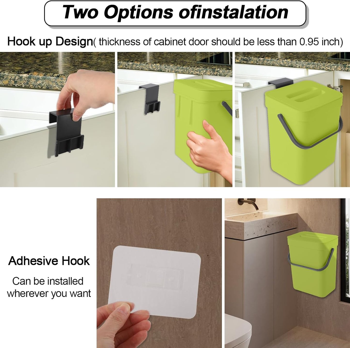 Compost Bin Kitchen, for use on Countertops or Under Sinks, Hanging Trash Can with Lid, for Cupboard/Bathroom/Bedroom/Office/Camping, Mountable Indoor Compost Bucket(Green 0.8 Gallon/3L)