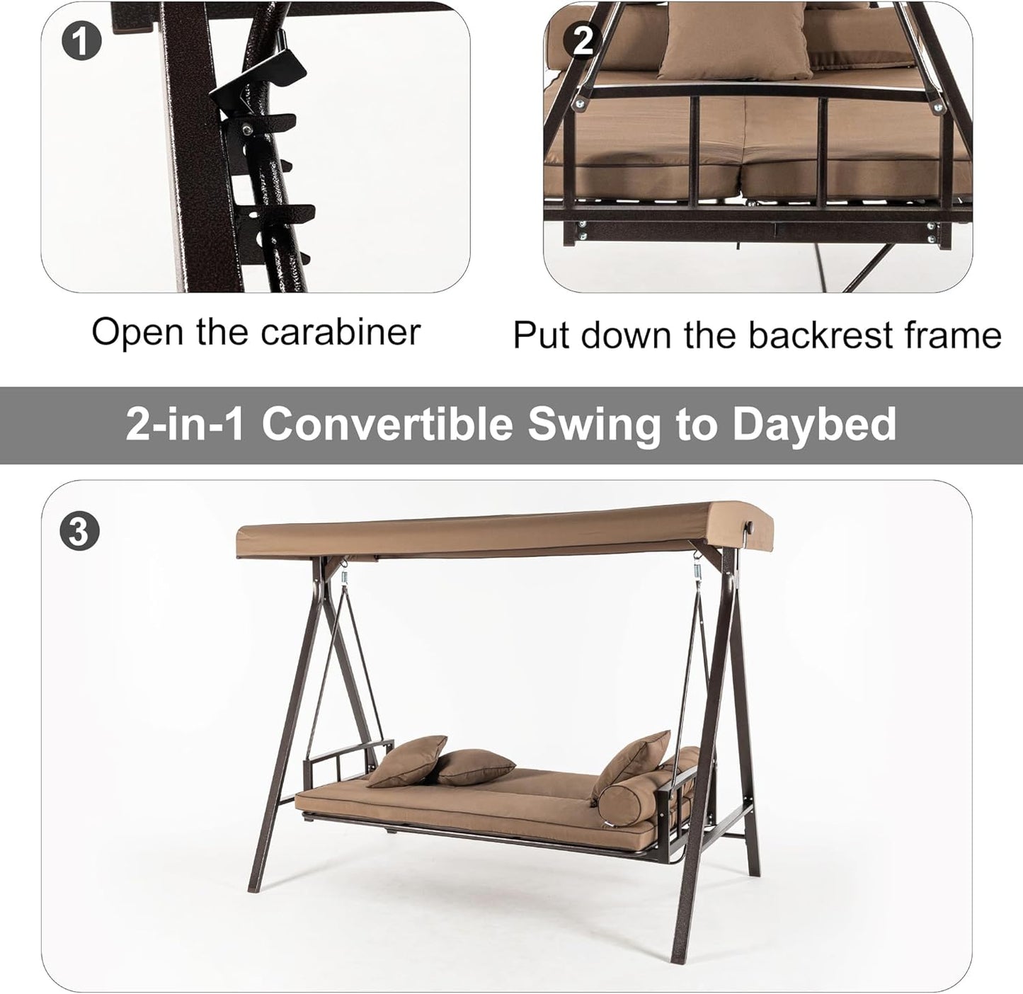 PURPLE LEAF Outdoor Patio Porch Swing Adjustable Backrest, 3-seat Swing Chair with Weather Resistant Steel Frame for Backyard Front Porch Lawn, Cushion and Pillows Included, Beige