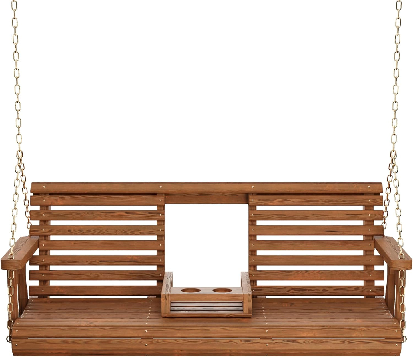 Porchgate Amish Heavy Duty Console Porch Swing with Fold Down Cup Holders in Oak Stain - Amish Made in The USA from Treated Pine, Hanging Chains Included