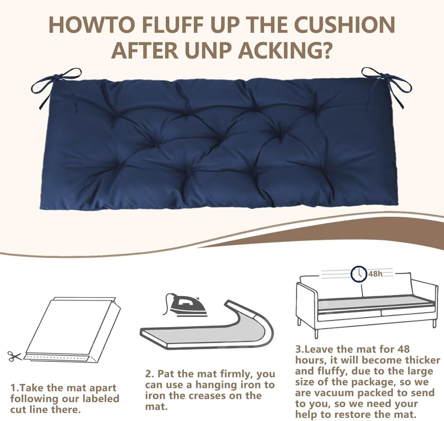 Waterproof Indoor/Outdoor Garden Bench Seat Cushions,Thicken Patio Bench Soft Rocking Chairs Pad Lounger Seat for Wicker Loveseat Settee(39.3x19.6x3.9 inch,Navy)