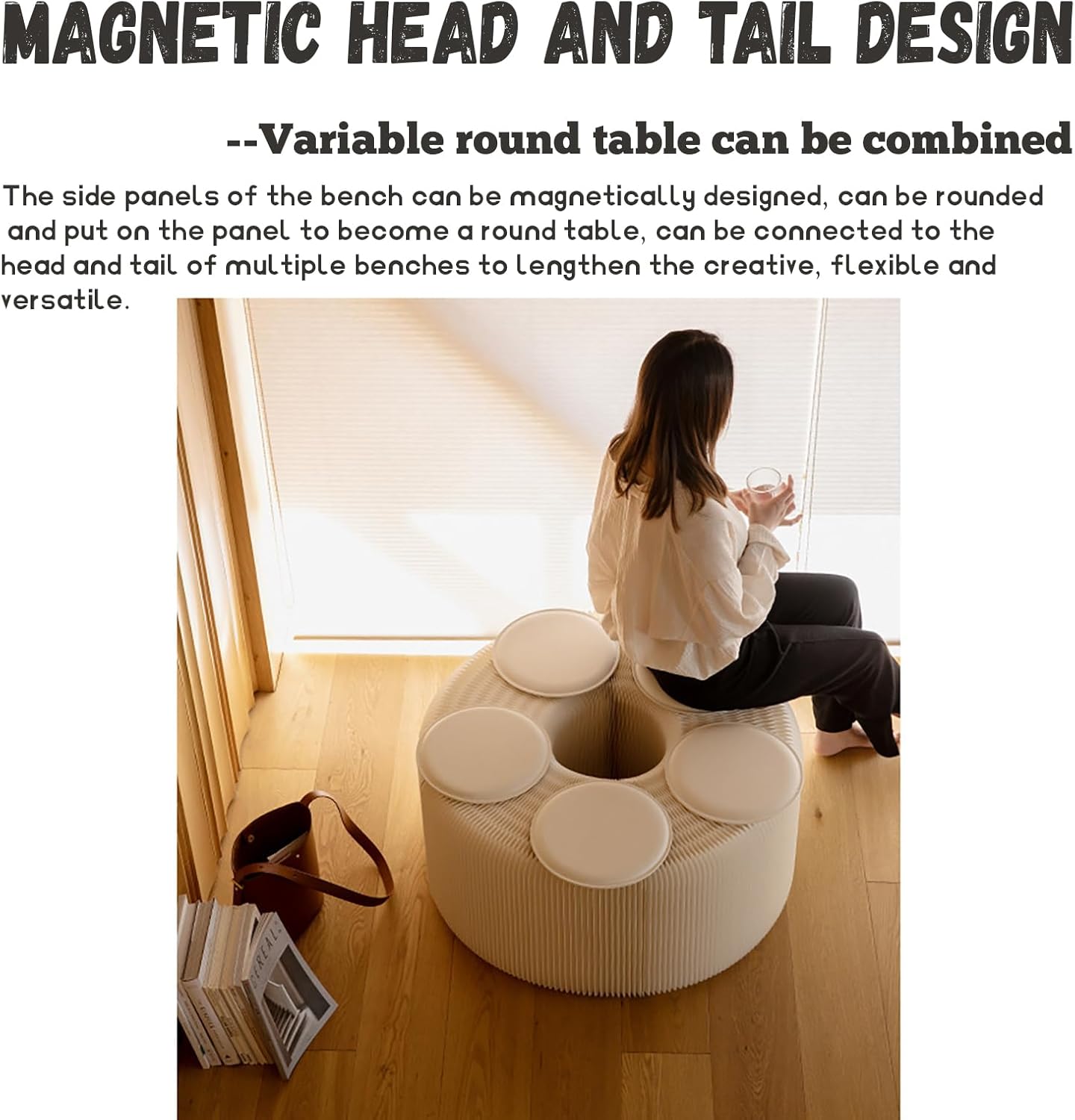 Foldable Kraft Paper Stool, Honeycomb Accordion Folding Bench, Collapsible Paper Stool for Small Spaces, Portable Footrest and Side Table for Living Room and Office,Black-44×31×600cm