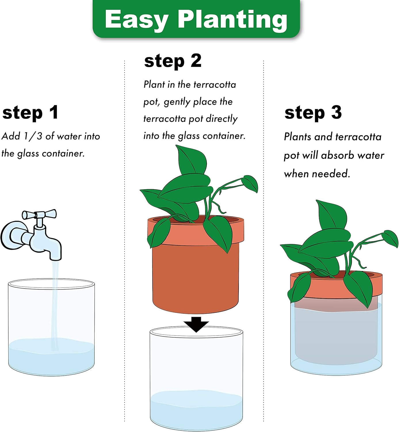 Phoenix Vine 6 Inch Self Watering Planter Pot, Terracotta Clay Pot with Glass Reservoir for Indoor Plants, Herbs, Flowers, Set of 2, 52-A-F-2