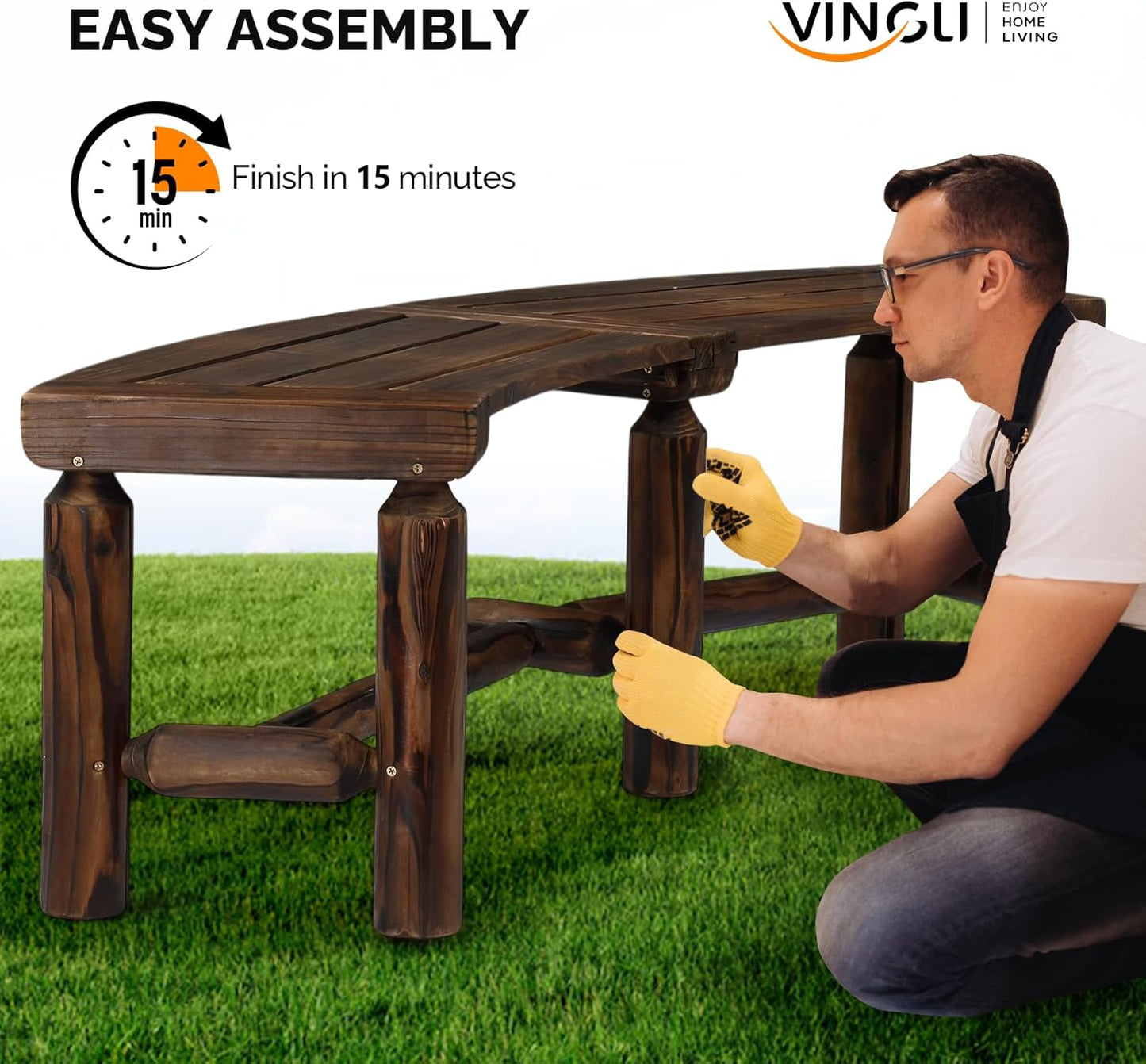 VINGLI Outdoor Bench Wooden Curved Bench, All-Weather Fire Pit Backless Patio Bench, 2-Person Seating Rustic Garden Bench for Backyard Porch Deck Entryway (Carbonized)