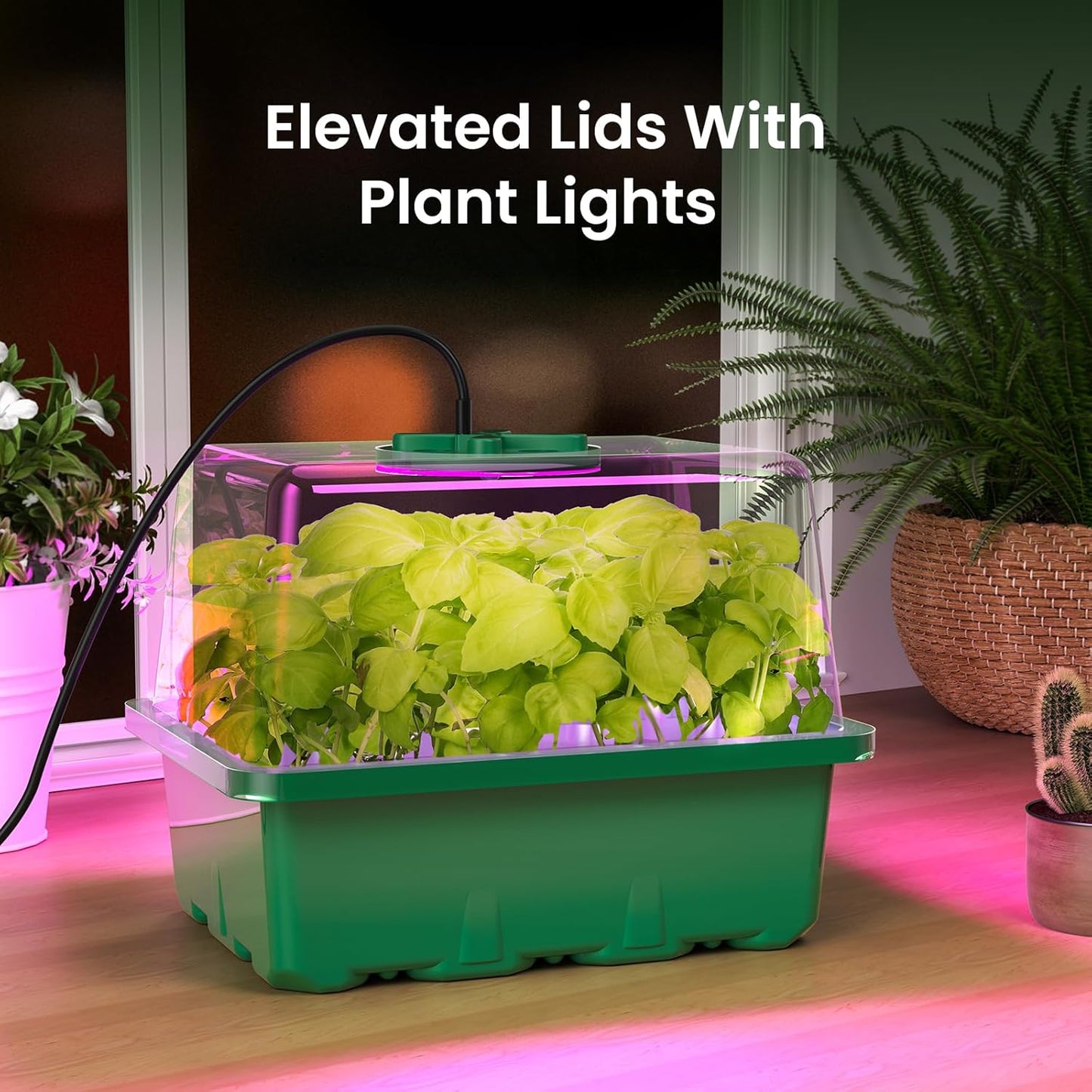 MIXC Seed Starter Kit with Grow Light, Elevated Seedling Tray Kit with Adjustable Humidity Dome and Clear Cell Tray, 12 Full Spectrum Led Beads for Seed Starting Greenhouse, 4 Pack, Green