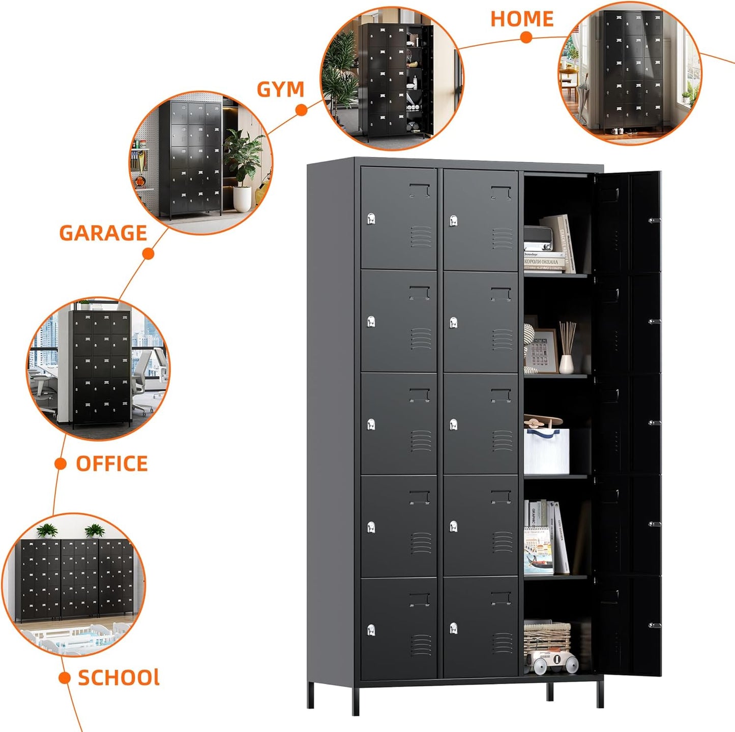 Aobabo 15 Doors Metal Storage Locker for Employees, Locker with Lock and Metal Leg for School Office Gym, Industrial Steel Storage, Black, Assembly Required