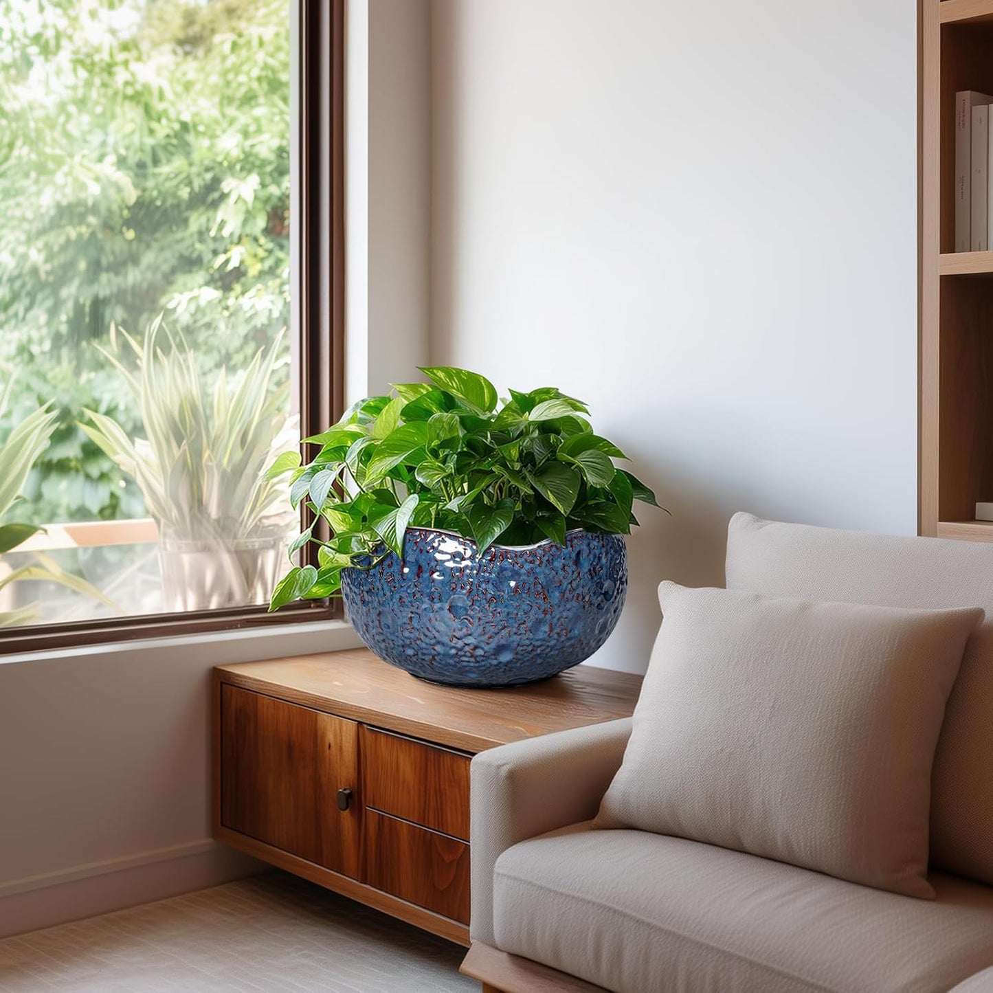 10 Inch Plant Pot - Ceramic Planter for Indoor Outdoor, Round Bonsai Pots, Decorative Flower Pots with Drainage Hole, Modern Unique Planters, House Decor, Home Gifts, Retro Blue