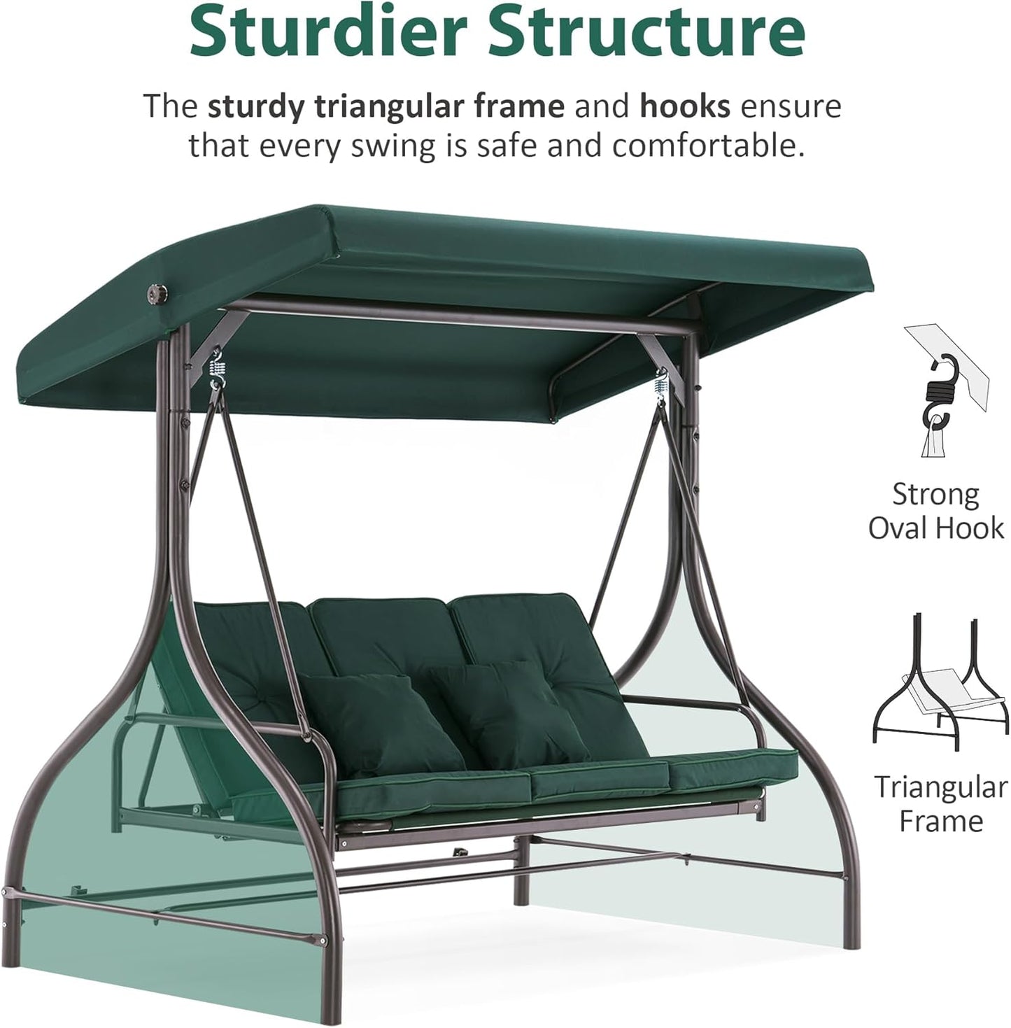 MCombo 3-Seat Outdoor Patio Swing Chair, 2-in-1 Convertible Porch Swing Glider Chair with Removable Cushions, Adjustable Canopy & Pillows for Backyard, Deck, Garden, 4068 (Green)