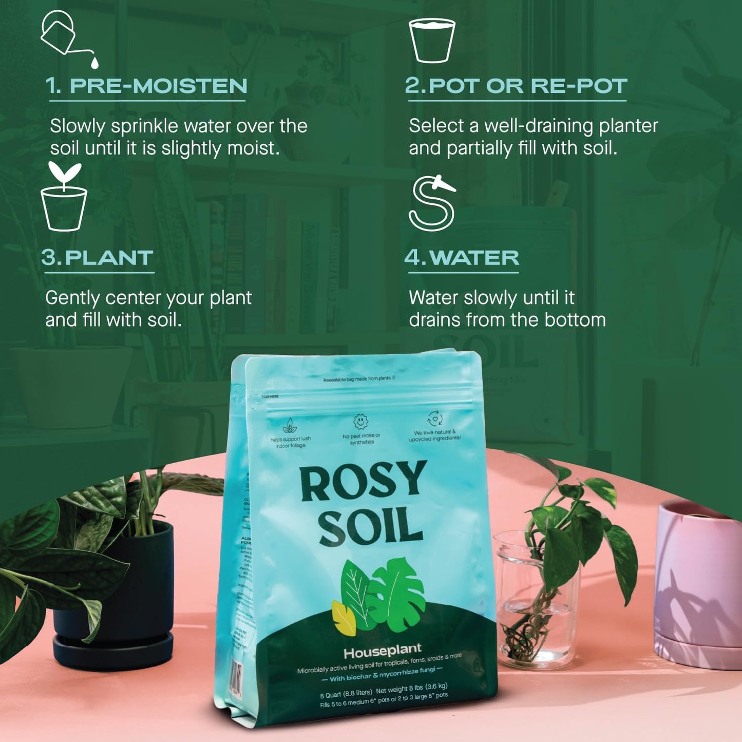 Rosy Soil Indoor Potting Soil for House Plants - Organic Potting Soil Mix for Indoor Plants - Enriched w/Root-Boosting Biochar for Foliage Plants, Flowers, Herbs - Peat Free, Less Prone to Gnats - 8qt