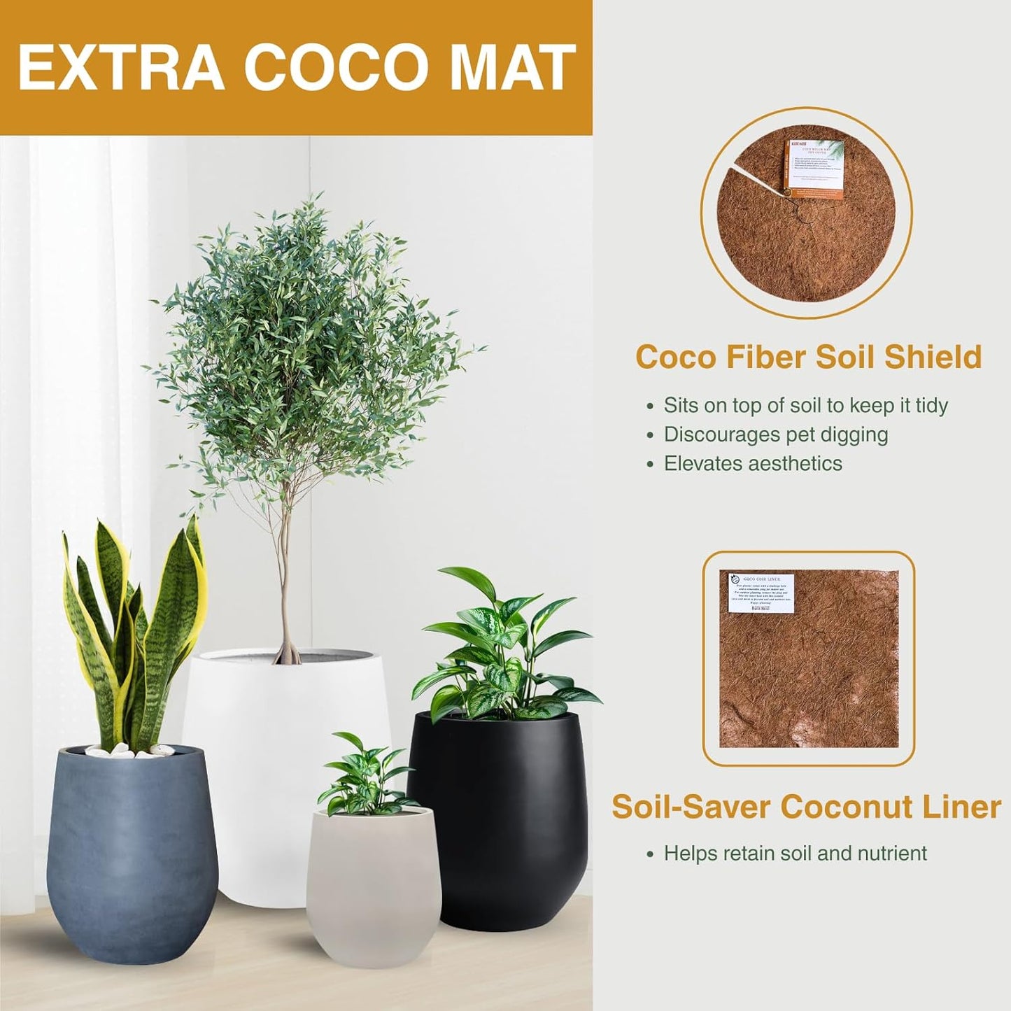12.5"H x 11.4"D Corso Fiberstone Round Tapered Planter with Drainage Hole, Smooth Finishes, Weather Resistant for Indoor and Outdoor Use, Included 2 Extra Coco Mats (Black, 9" Pot Opening)