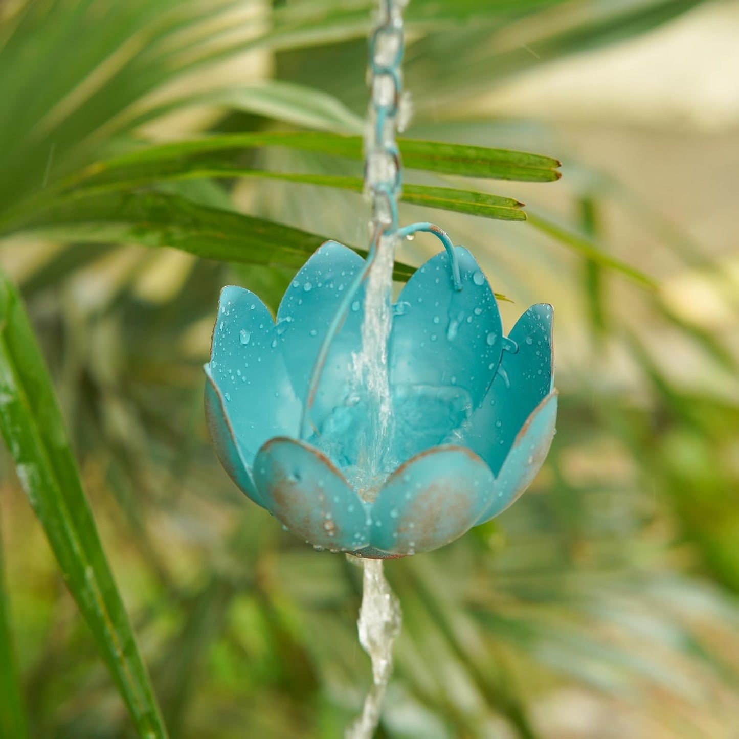 Metal Rain Chain Decoration 8.5FT., Rain Catcher Metal Chain Gutter Downspout 104'' for House Eaves, Garden & Home, Flower Cups Garden Decoration,Lake Blue