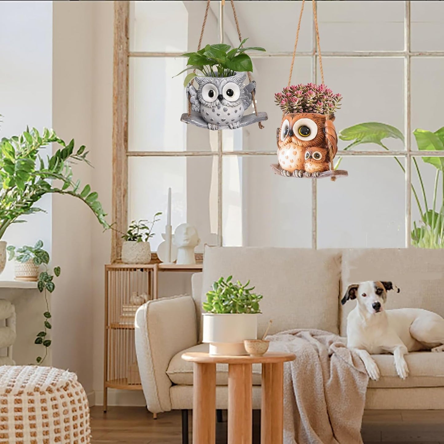 Swing Owl Hanging Planters for Indoor Plants, Cute Small Succulent Pots with Drainage Hole, Unique Resin Plant Hangers Outdoor, Hanging Plant Holder for String Of Pearls, Gift Ideas for Mother
