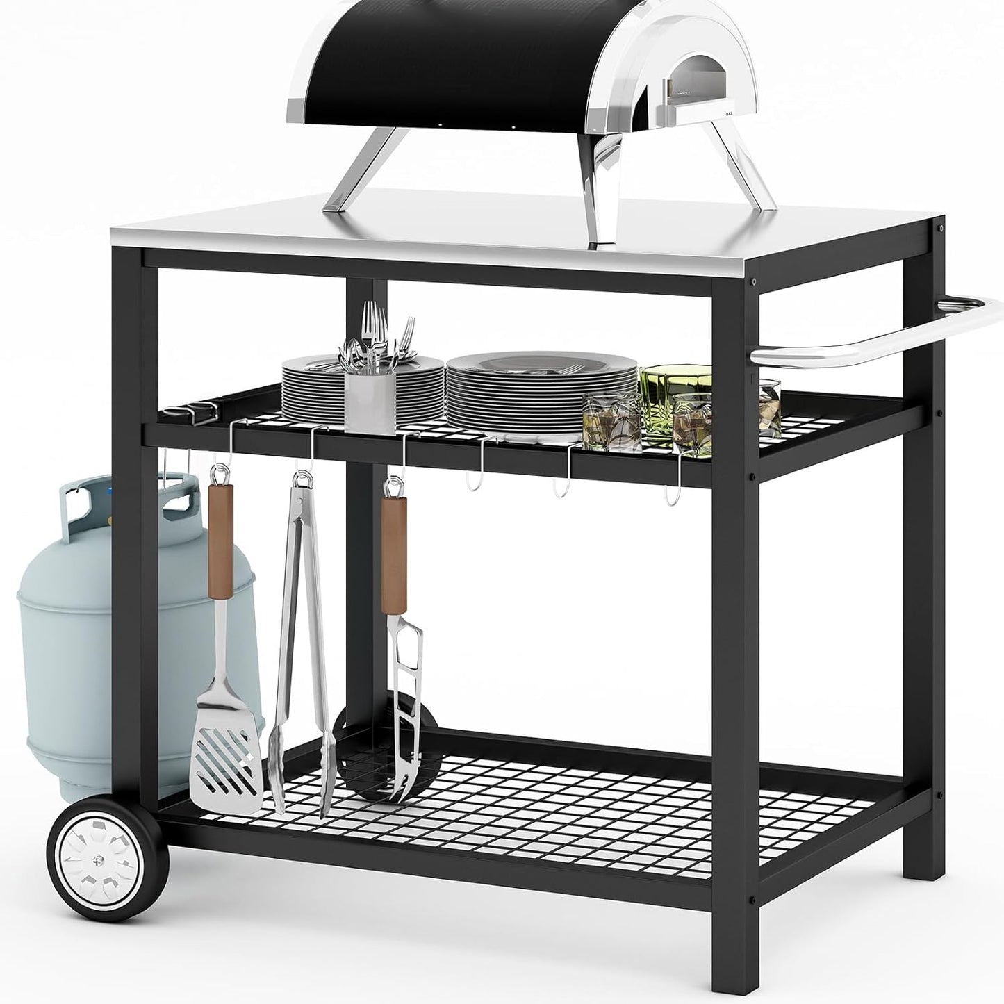 Stainless Steel Grill Cart Pizza Oven Stand Trolley Table with Wheels Pizza Cart Three-Shelf Movable Food Prep Work Dining Table with Double-Shelf Heavy Duty Outdoor 31.5" x 24 x 33.5