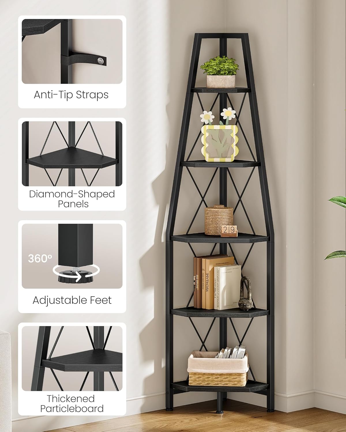 5-Tier Corner Shelf, Corner Bookshelf, Ladder Shelf, Floor Standing Storage Rack, Open Display Stand, Plant Stand, for Living Room, Bedroom, Study, Bathroom, Black TCJ22BB