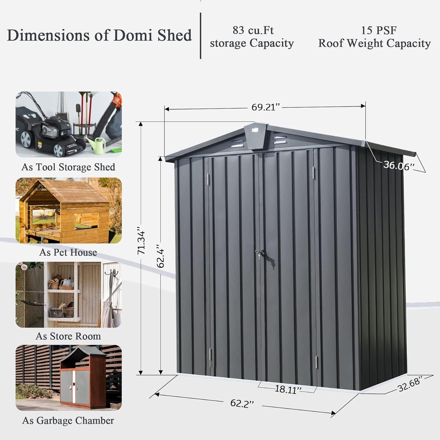 Domi Outdoor Storage Shed 5'x3, Metal Waterproof Tool Shed Utility Storage House with Double Lockable Doors & Air Vent for Garden Backyard Patio Lawn