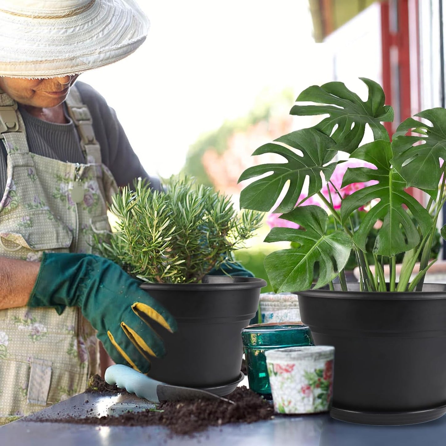 13-inch-Plant-Pots, 4 Pack Large Planters for Outdoor Plants, Plastic Flower Pots Indoor with Drainage Holes & Trays, Classic Garden Pot Container for House