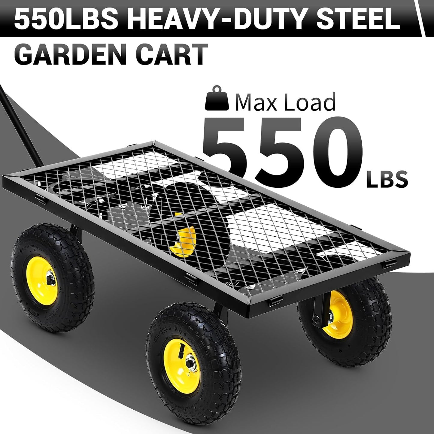 Heavy Duty Steel Garden Cart, 550 LBS 3 in 1 Pullable Metal Garden Wagon with 10" Wheels, 180° Rotating Handle and Removable Sides for Farm, Yard