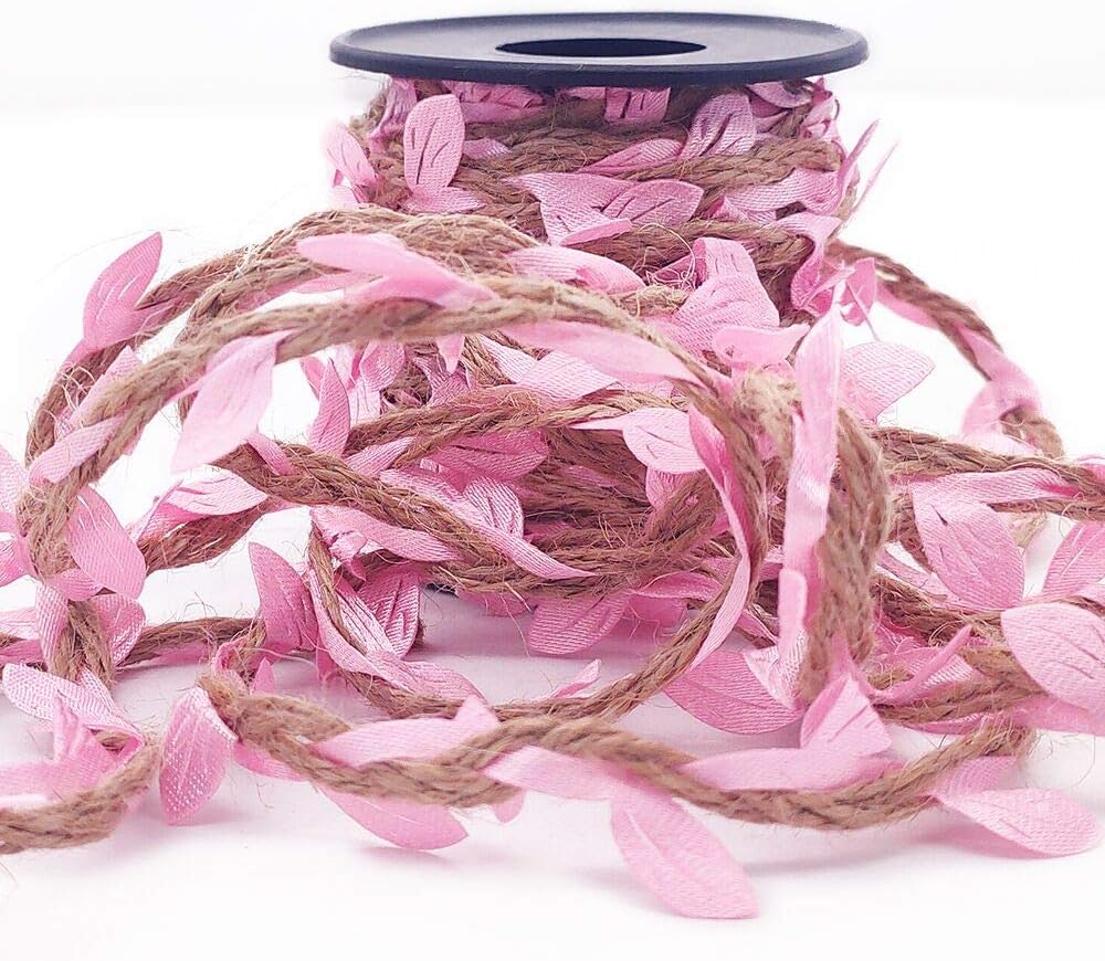 Burlap Leaf Ribbon 2 Rolls 66 Feet 5mm Jute Burlap Twine Vine with Artificial Leaves for Crafts Jungle Garland Party Wedding Garden Home Decoration Pink