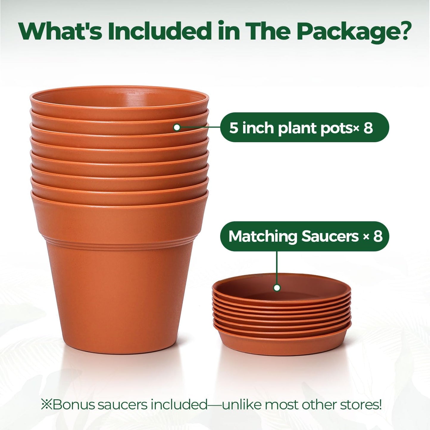 T4U 5 Inch Plant Pot 8-Pack, Plastic Pots with Drainage Hole and Saucer, Decorative Flower Pots Bulk for African Violet, Snake Plant, Succulent and All House Plants Indoor (8pcs 5" Pots)